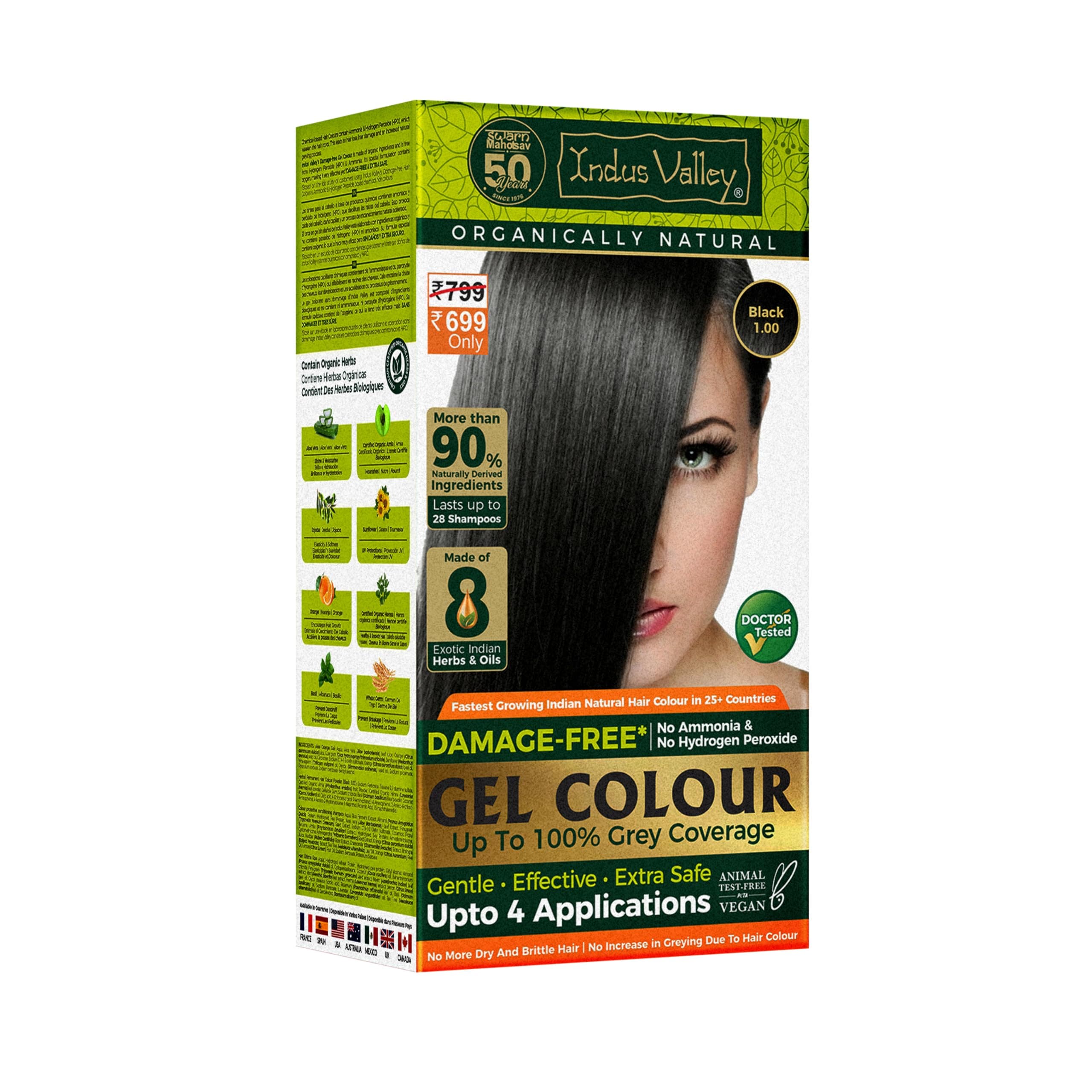 INDUS VALLEY Damage Free Natural Gel Hair Colour for Women | Ammonia & PPD Free Organic Hair Colour with 100% Grey Coverage, Long Lasting Conditioning Hair Color | Black 1.00-220 ml