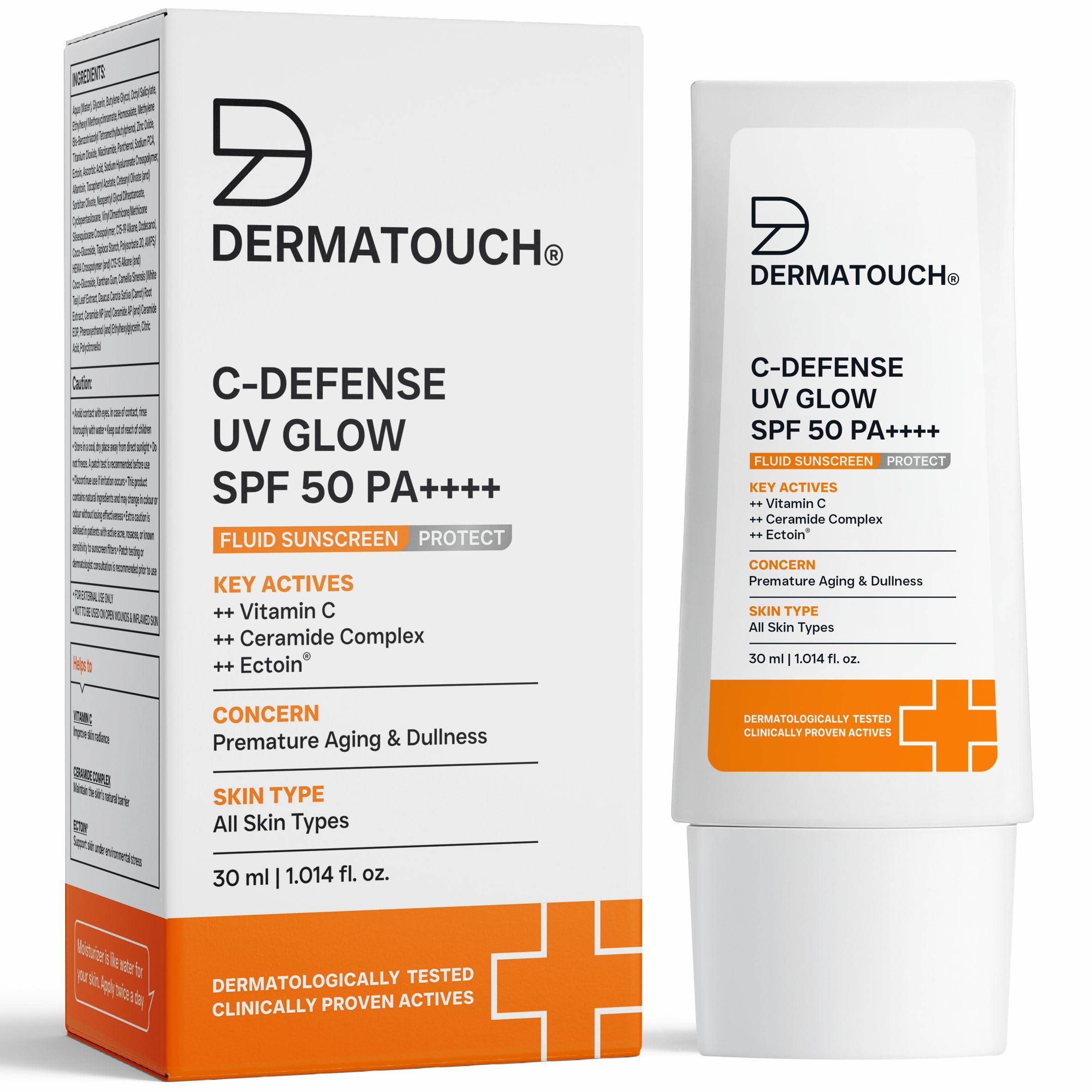 DERMATOUCH C-Defense SPF 50 PA++++ Fluid Sunscreen with Vitamin C & Ceramides | Broad Spectrum | For Premature Aging, Dullness & Sunburn | Zero White Cast | Lightweight Daily Sunscreen | In-Vivo & In-Vitro Tested | 30ml