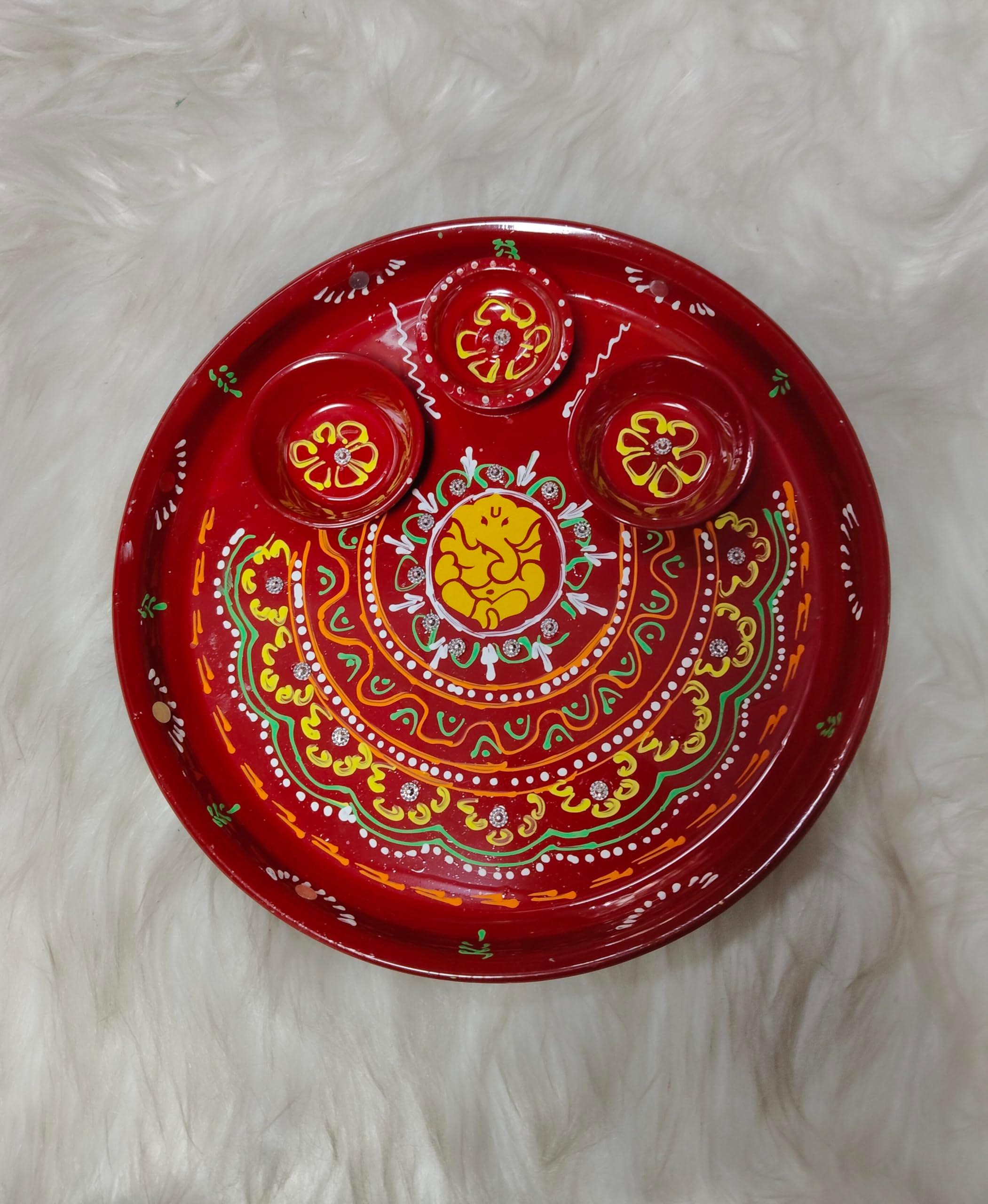 SHRIJA CRAFTS Pooja Thali Set with Ganesh Design Decorative Puja Plate with Kumkum Bowls Aarti Thali for Diwali Karwa Chauth Rakhi Wedding Festival Home Temple Use