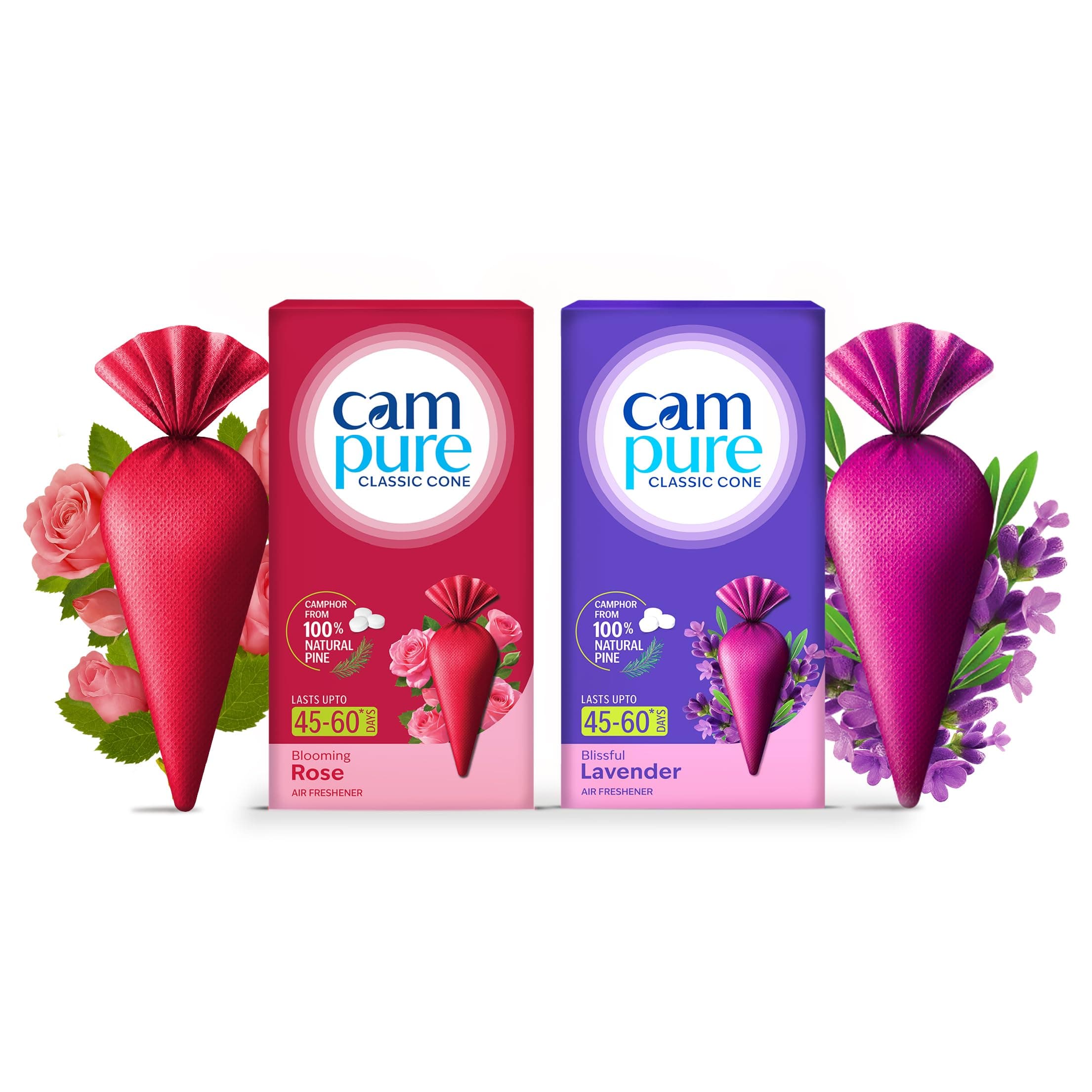 CamPure Camphor Cone (1 Rose + 1 Lavender) Pack Of 2-100% Organic | Air Freshener For Car, Wardrobe, Office Cabin's, Drawers, Travel Bag & Bathroom