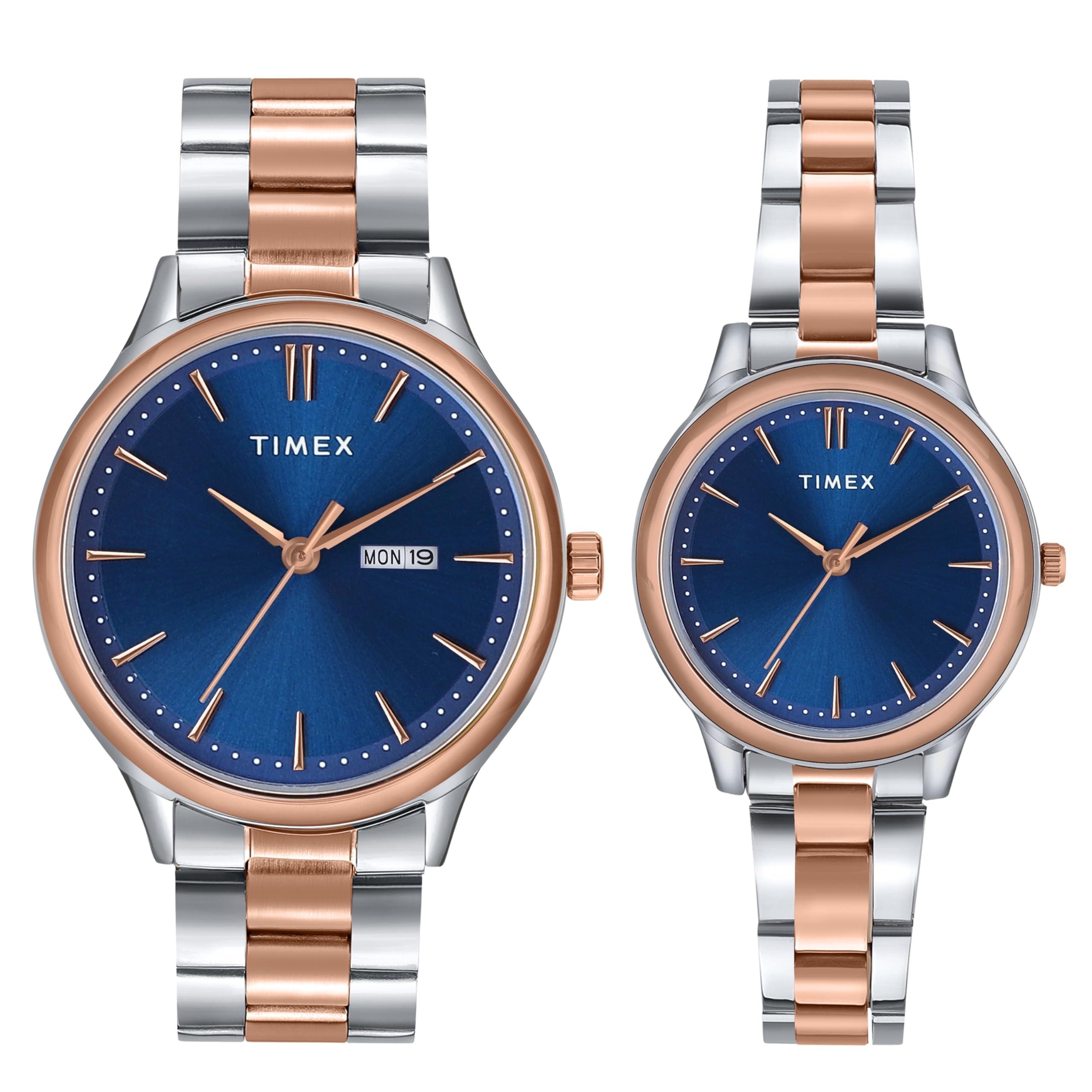 TIMEX Analog Watch for Couple with Blue Round Dial & Two Tone Stainless Steel Bracelet Band Water Resistant Pair's Wrist Watches - TW00ZP006