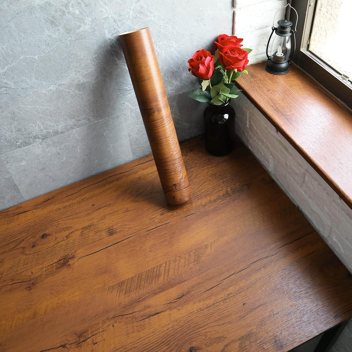 ONETON Wood Grain Wallpaper Brown Wood Peel and Stick Wallpaper Self Adhesive Waterproof Wall Paper for Furniture Countertops (Brown Grain Wood, 24x120 Inch)