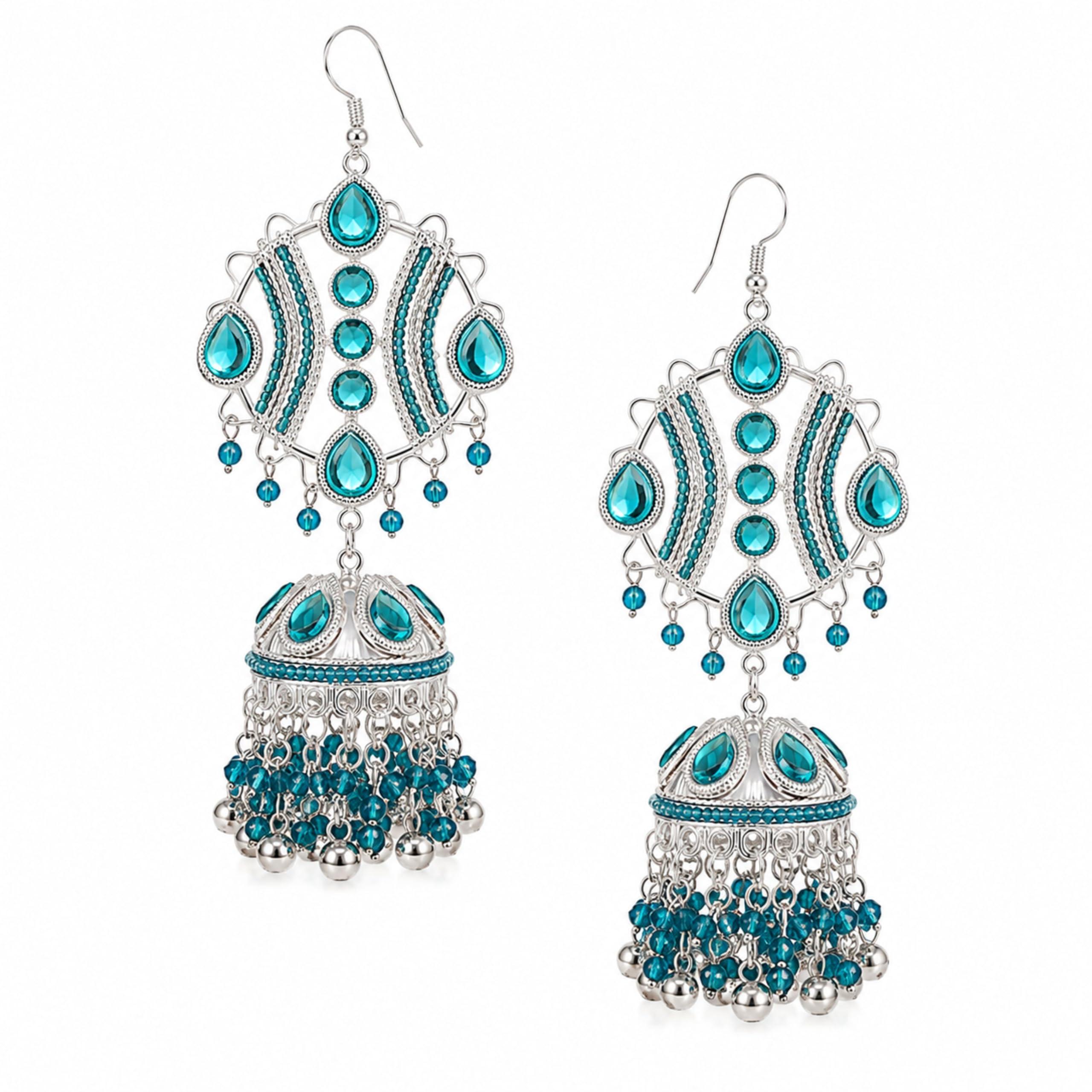 UnfoldSelf Vintage Silver Bollywood Viral Jhumka Earrings | Maula Mere Maula Jhumka Earrings | Statement Ethnic Earrings with Blue Crystal Beads | Oxidised Famous Jewellery for Women & Girls
