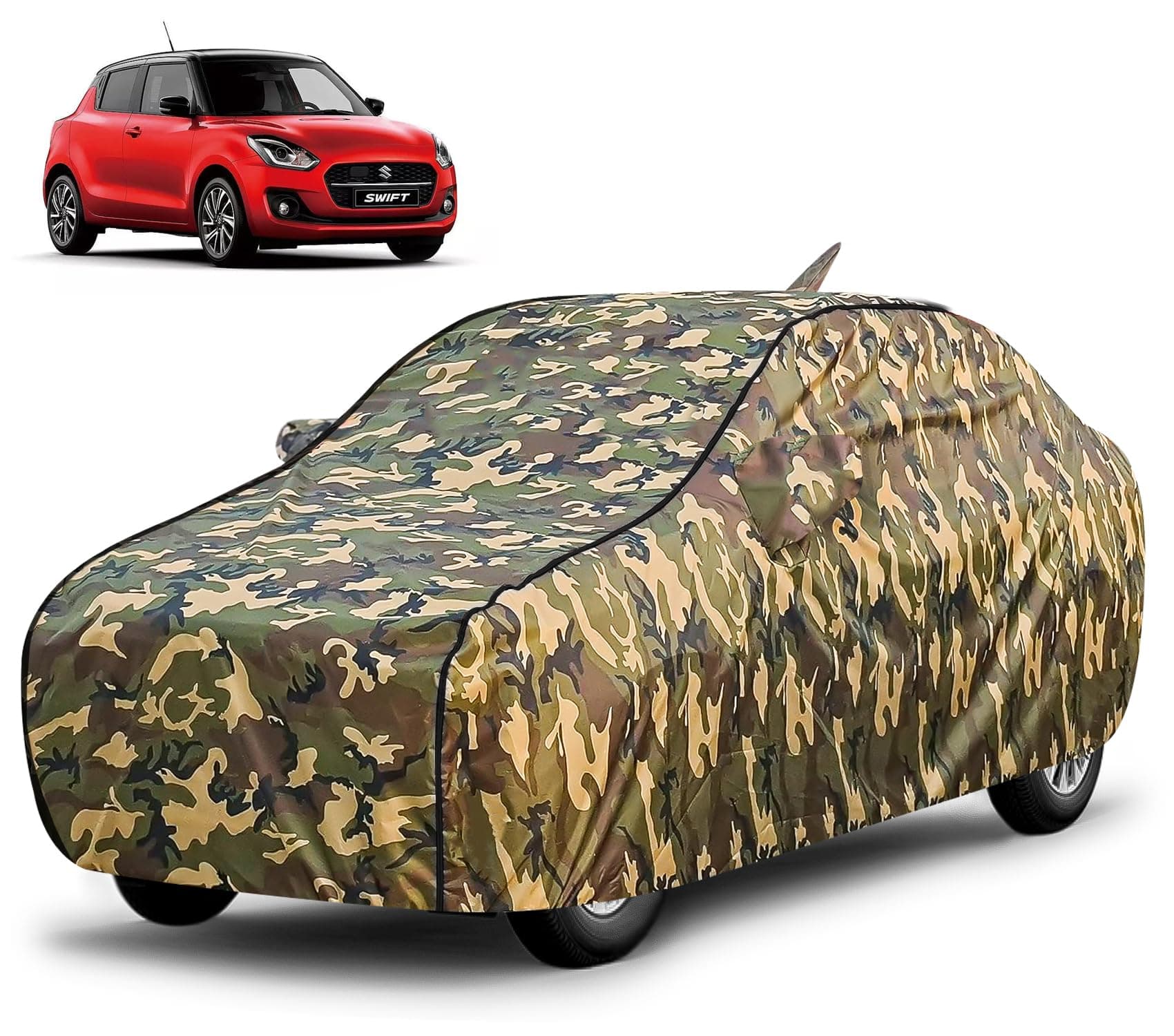 FABTEC Waterproof Car Body Cover for Maruti Swift (2018-2023) with Mirror and Antenna Pocket, Triple Stitched (Military, Jungle Print, Camouflage Design)
