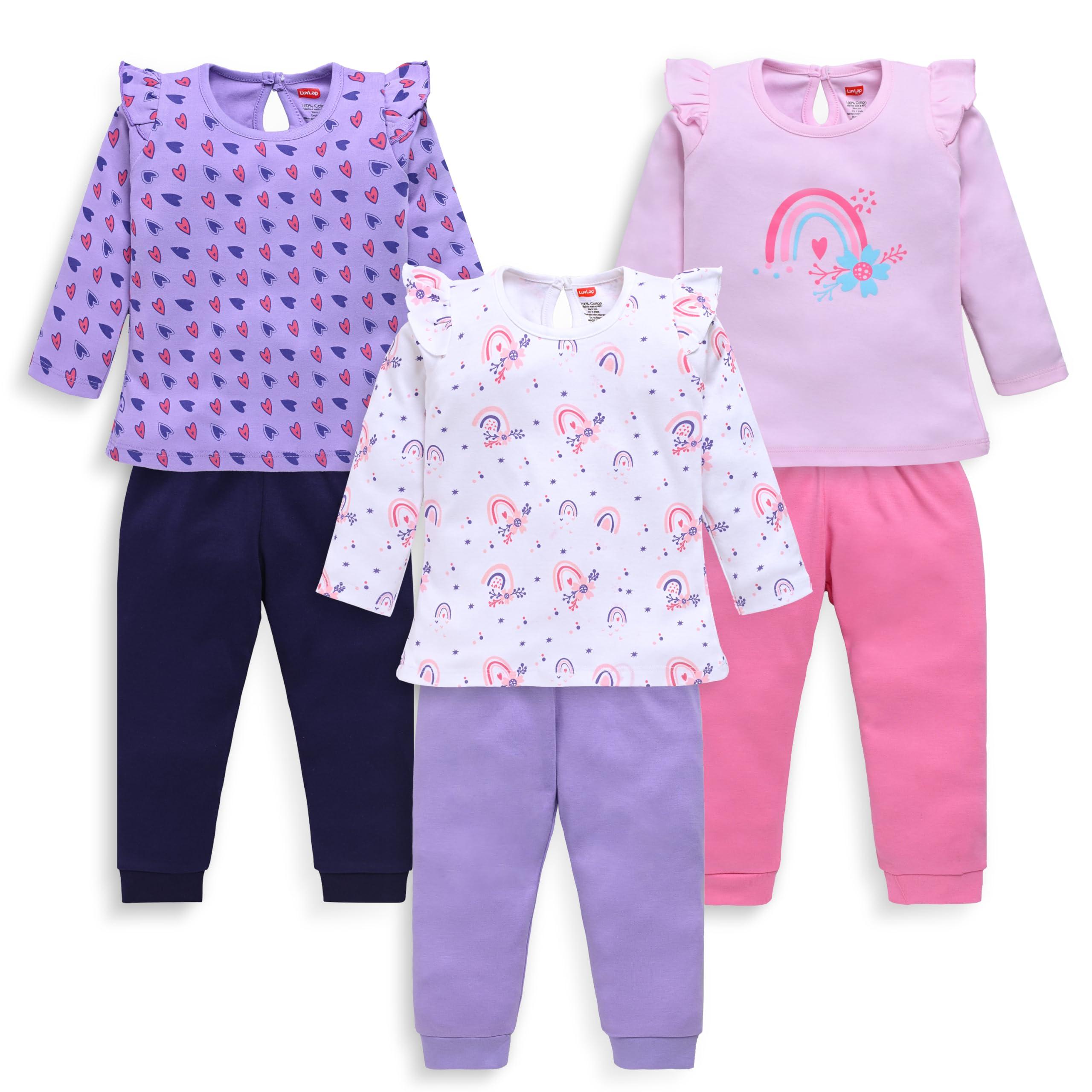 LuvLap Baby Girls 100% Cotton Full Sleeve Girls Top & Pyjama CoSets Pack Of 3, Baby Pink, Lilac & White, 3-4 Years
