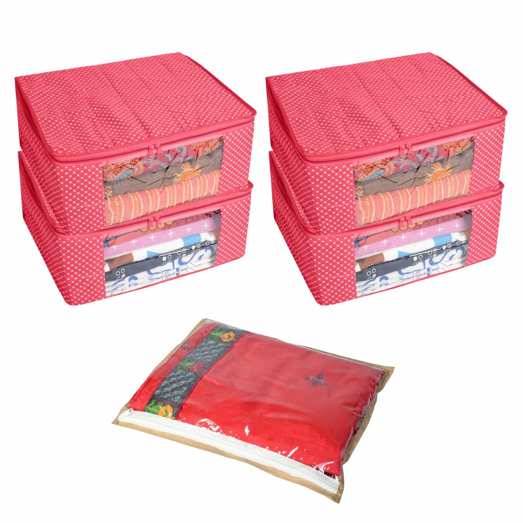 Homestrap Combo of 5 Saree Bag | 4 Cotton Quilted 3 Layered Foldable Saree Covers (Pink) & 1 Single Saree Wardrobe Organizer (Beige) For Lehenga, Suit, Dress,& Accessories