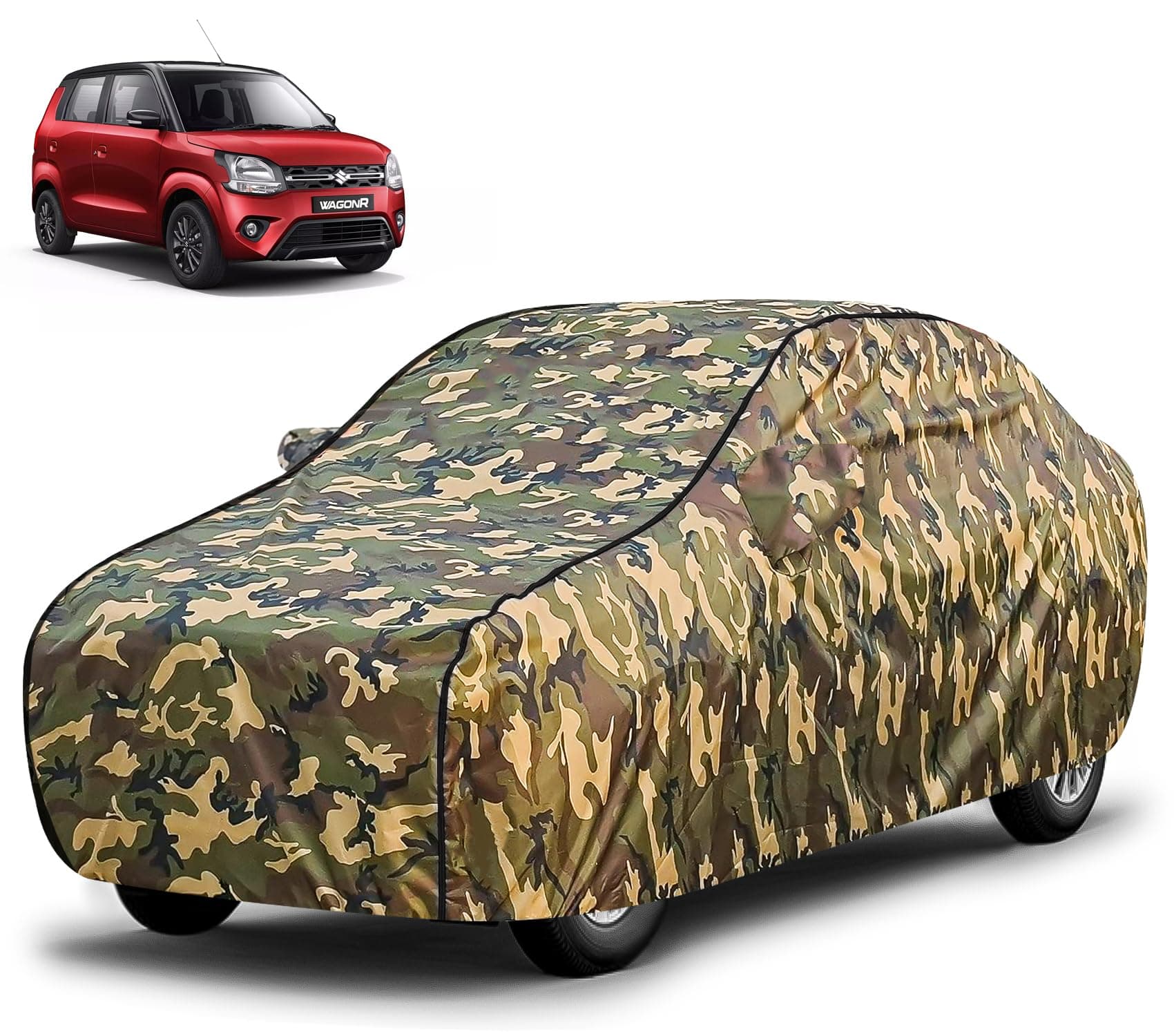FABTEC Waterproof Car Body Cover for Maruti Wagon R with Mirror Pocket, Triple Stitched (Military, Jungle Print, Camouflage Design)