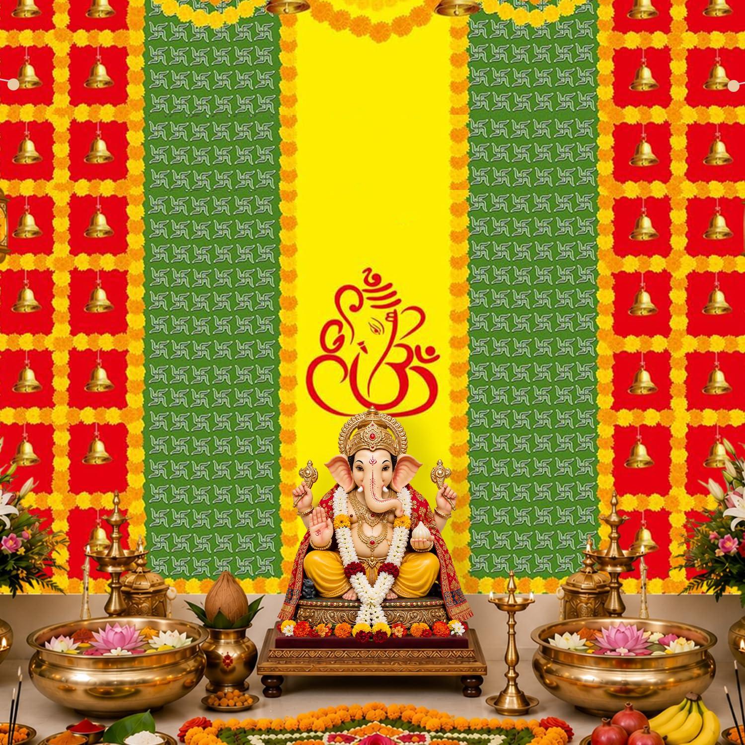 Party Propz Ganpati Backdrop Decoration -1Pc (8ft*5ft) Ganpati Decoration Setup for Home, Varamahalakshmi Decorative Items, Pooja Backdrop Cloth, Haldi Backdrop, Annaprasana Backdrops, Haldi Decor