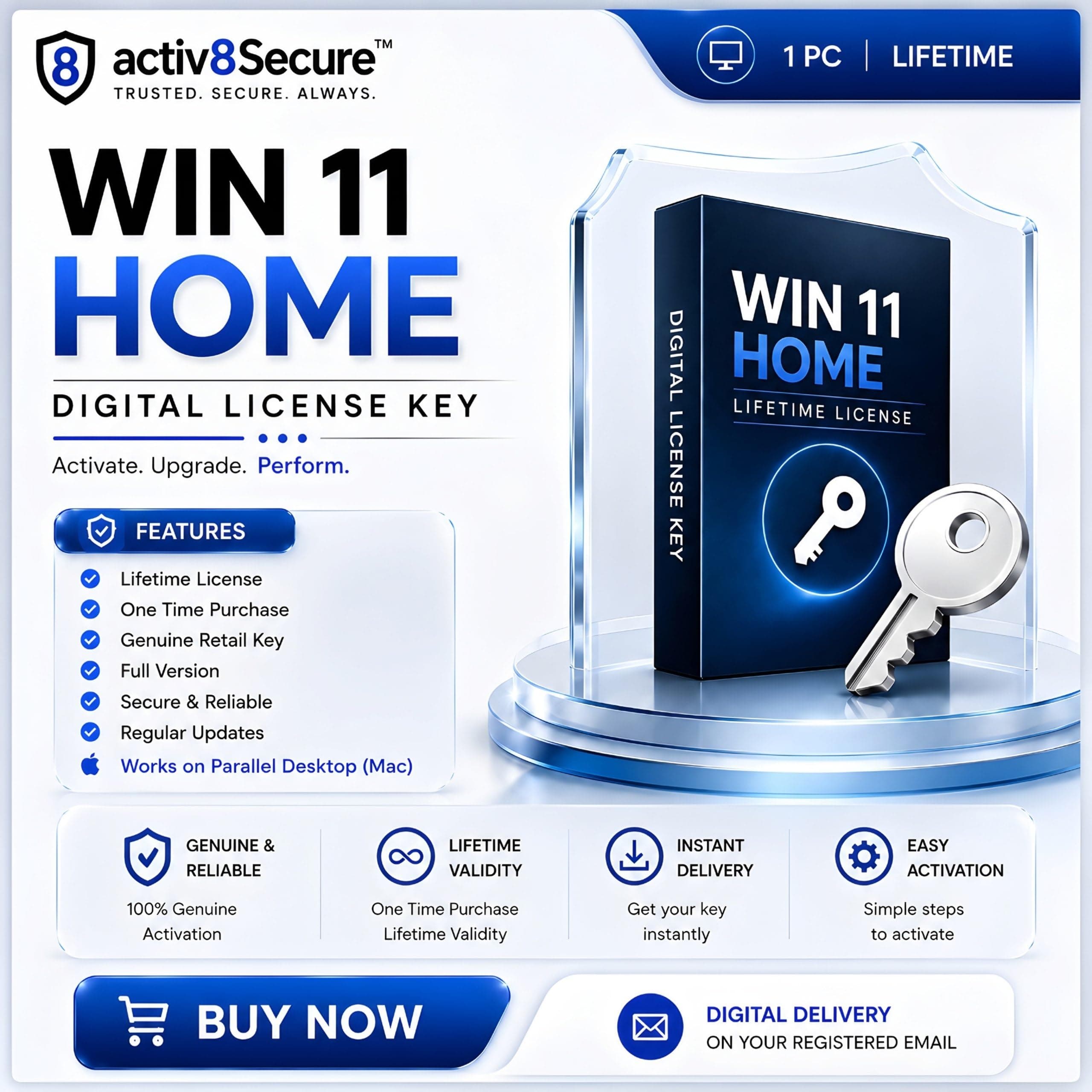 Win11 HOME [Retail KEY] [Online Activation] (1 User/PC) 32/64 bit | Work with ParaIIel Desktop(Mac) | Unlimited Reinstallations | Lifetime Regular Updates | 2026 Version | Digital Key (Email/Whatsapp Delivery)