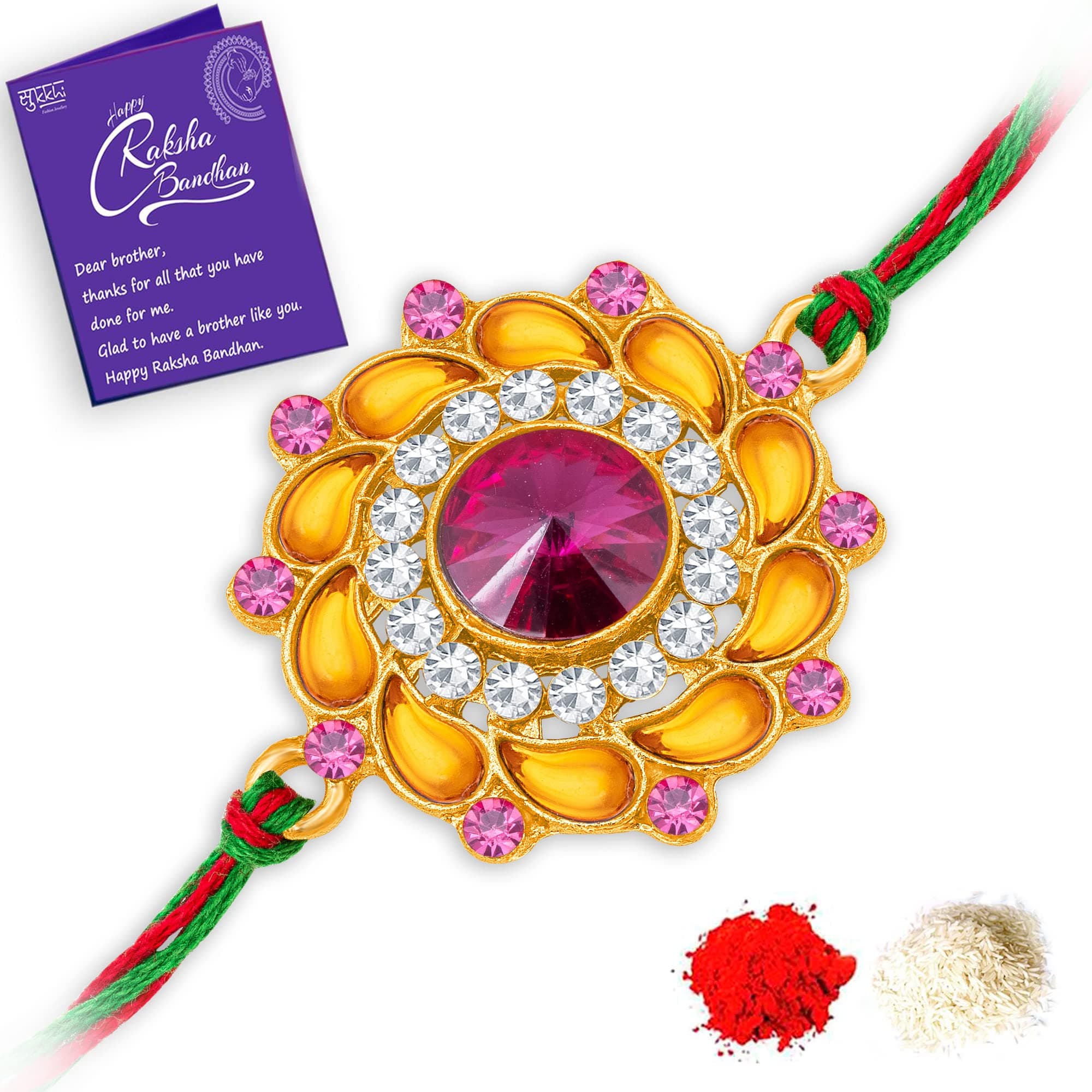 Sukkhi Mens Rakhi for Brother All-Season Kundan Designer Gold Plated with Roli Chawal & Greeting Card|RAK104510