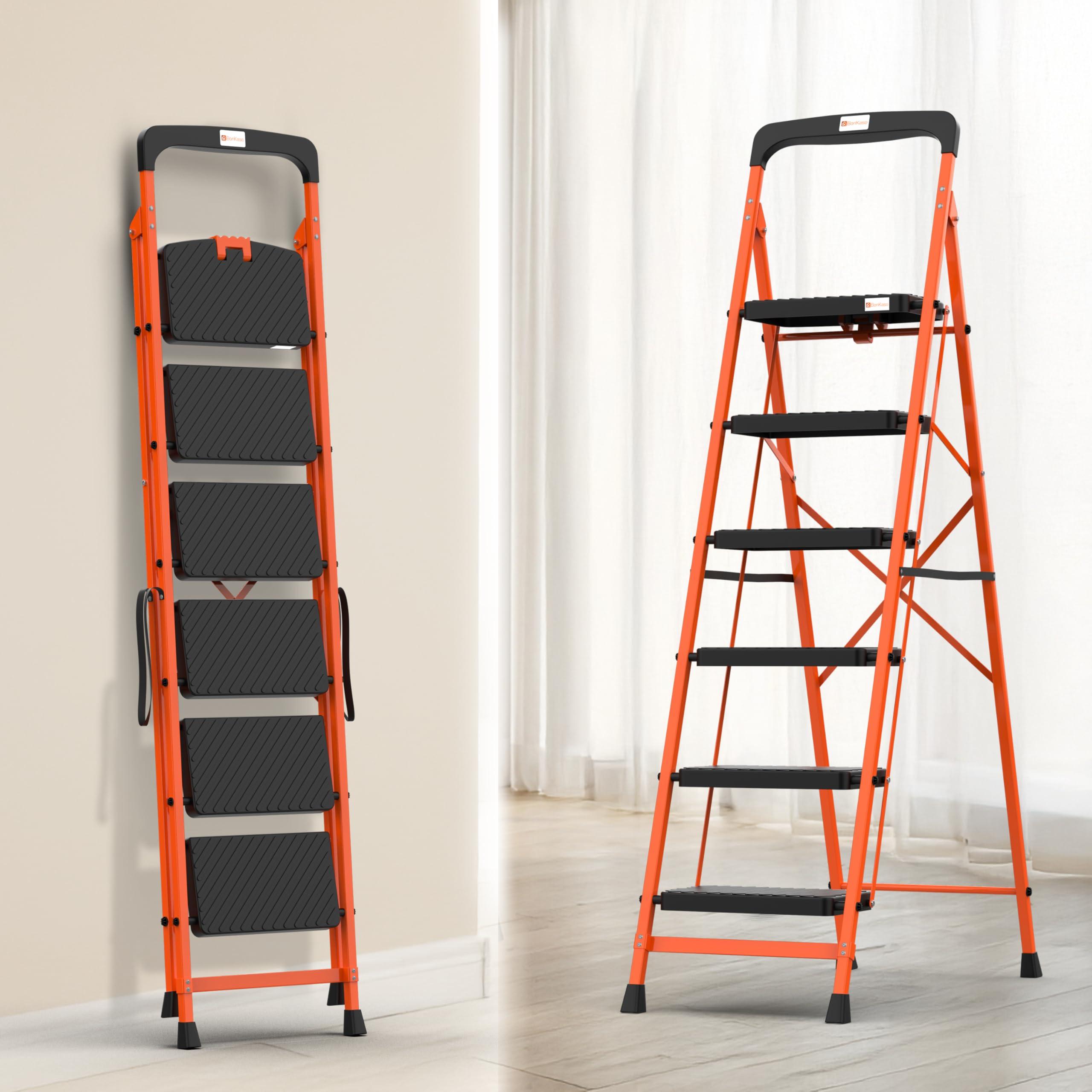 BonKaso Climb Easy 6 Step Heavy Duty Foldable Steel Kitchen Ladder for Home, Office & Outdoor Use with Anti-Slip Wide Durable Plastic Steps, Support Handle & Tool Tray (Orange & Black)