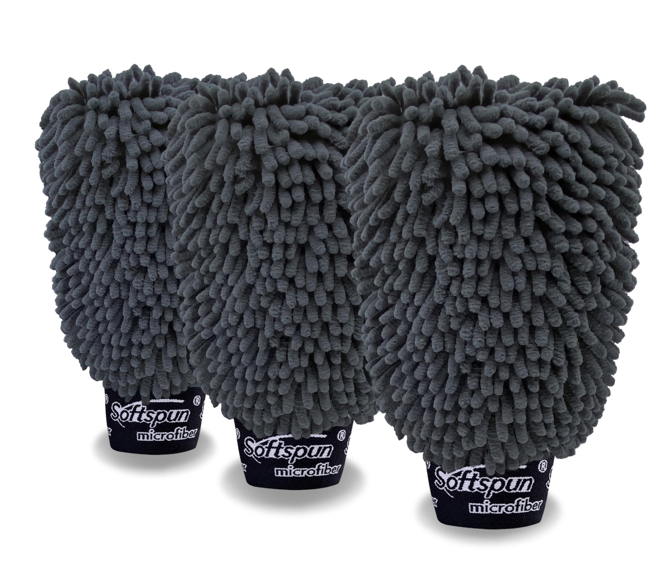 SOFTSPUN Microfiber Double Side Chenille Mitt, 3 Piece Set 1700 GSM Grey. Multi-Purpose Super Absorbent and Perfect Wash Clean with Lint-Scratch Free Cars, Window, Kitchen, Home Dusting!