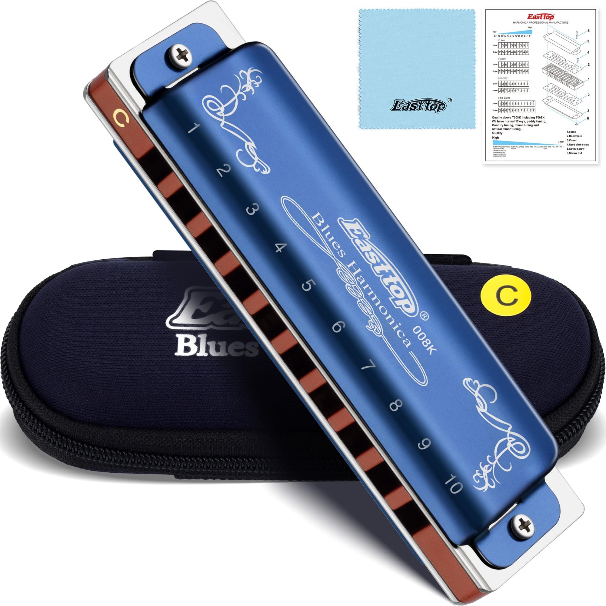 East top Mouth Organ Harmonica Key of C, 10 Holes Diatonic Blues Harp Harmonica for Adults, Beginners and Professionals with Blue Case