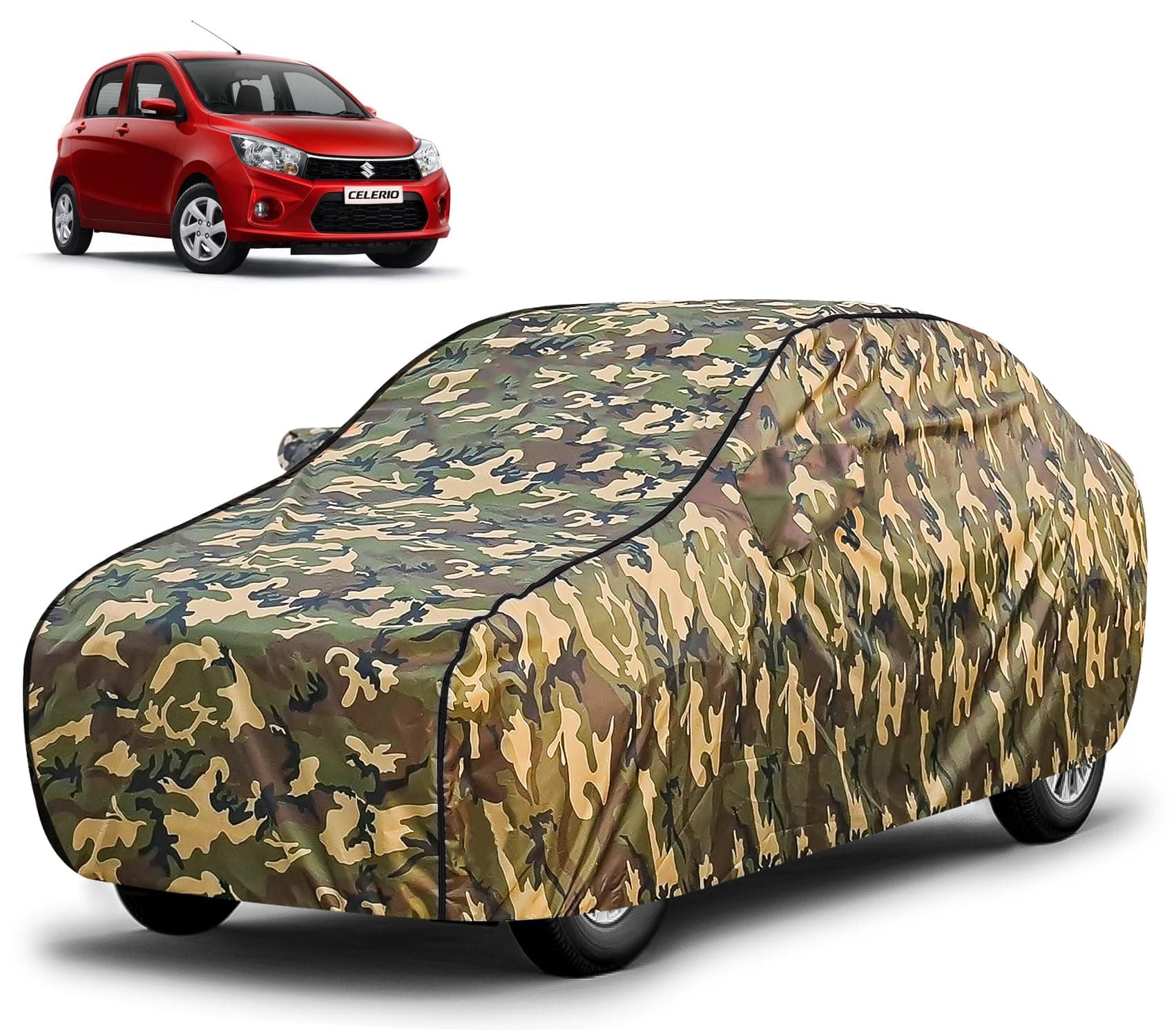 FABTEC Waterproof Car Body Cover for Maruti Celerio with Mirror Pocket, Triple Stitched (Military, Jungle Print, Camouflage Design)