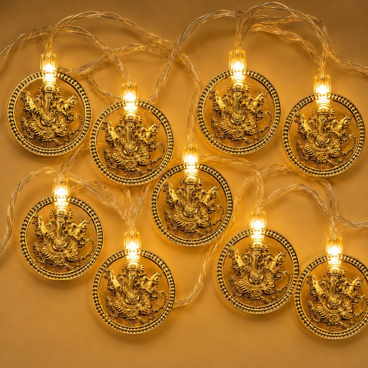 MoonlitDreams Ganesh LED String Lights, 10 Golden Metallic Decorative Lights, 3 Meter Plug-in Lights for Diwali Decoration, Ganpati, Mandir, Pooja Room & Home Decor (Pack of 1)