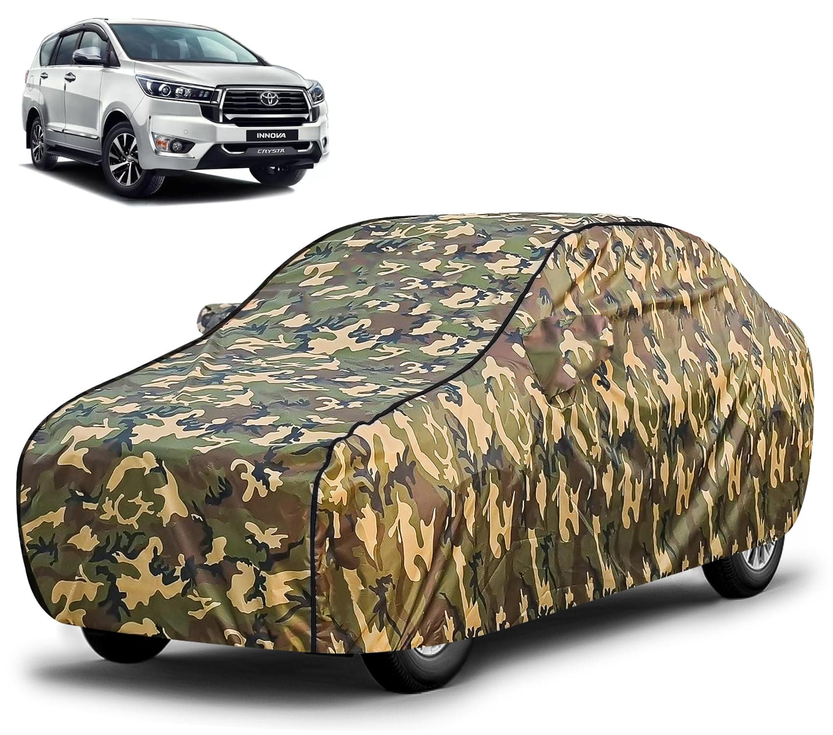 FABTEC Waterproof Car Body Cover for Toyota Innova Crysta with Mirror Pocket, Triple Stitched (Military, Jungle Print, Camouflage Design)