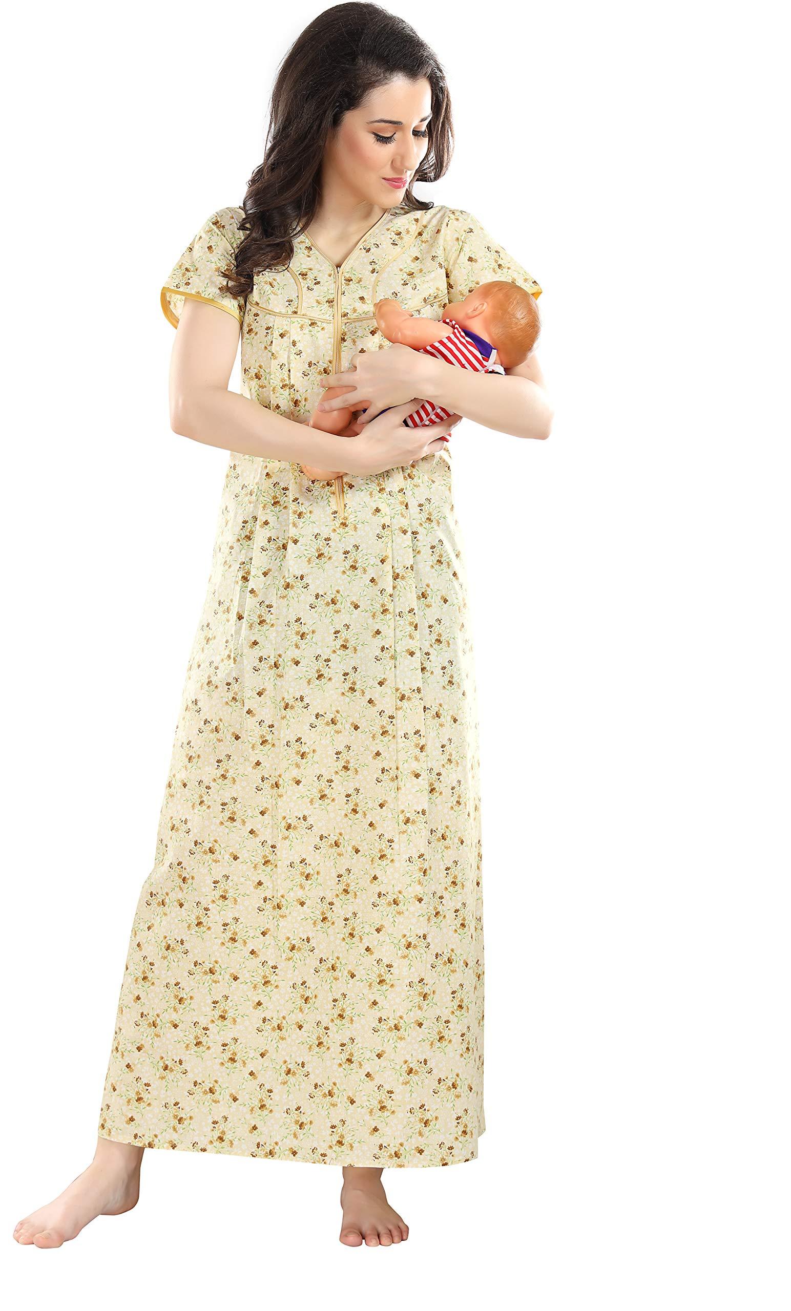 AV2 Cotton Women Printed Feeding/Nursing/Maternity Maxi Nighty (1184DL_Beige_L)