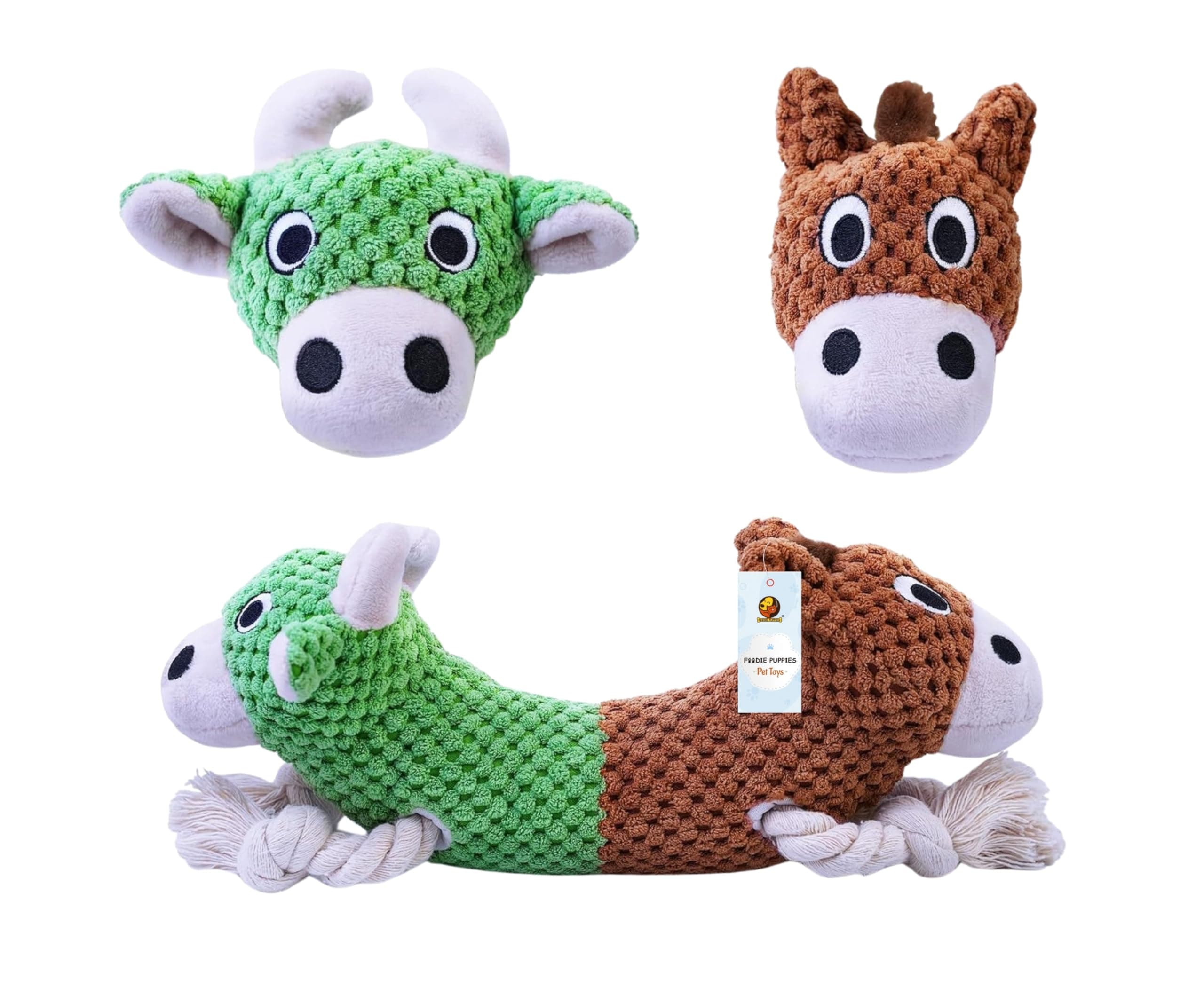 Foodie Puppies Interactive Dog Squeaky Plush Rope Toy - (Cow and Horse) | Dual-Headed, Crinkle Papered, Cotton Stuffed Chew Toy for Teething, Playing & Training | for Small to Medium Dogs (Size: 29cm)