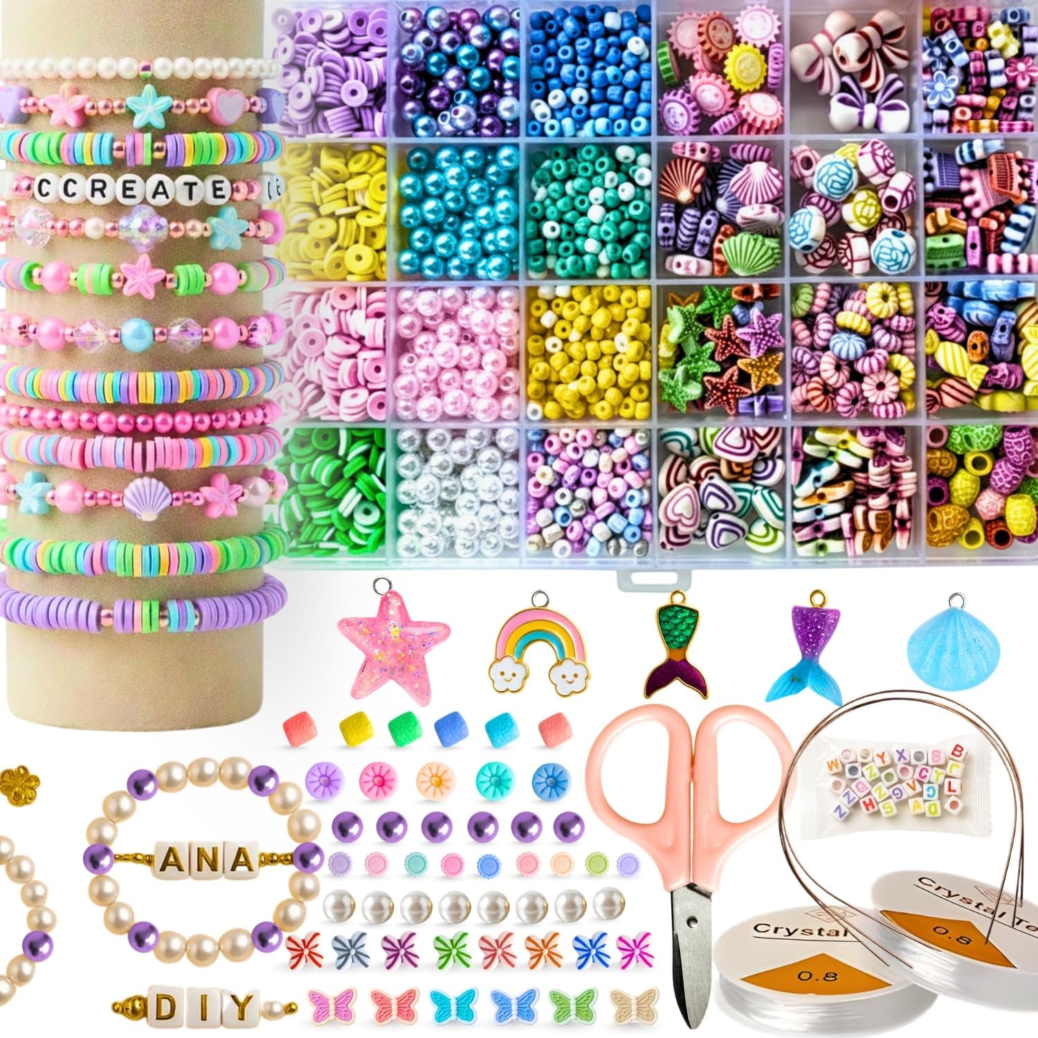 Toy Imagine DIY Bracelet Making Kit for Girls | 26-Compartment Beads Set with Charms, Alphabet Beads, Scissors & Elastic String | Jewelry Craft Kit for Kids Ages 6–14
