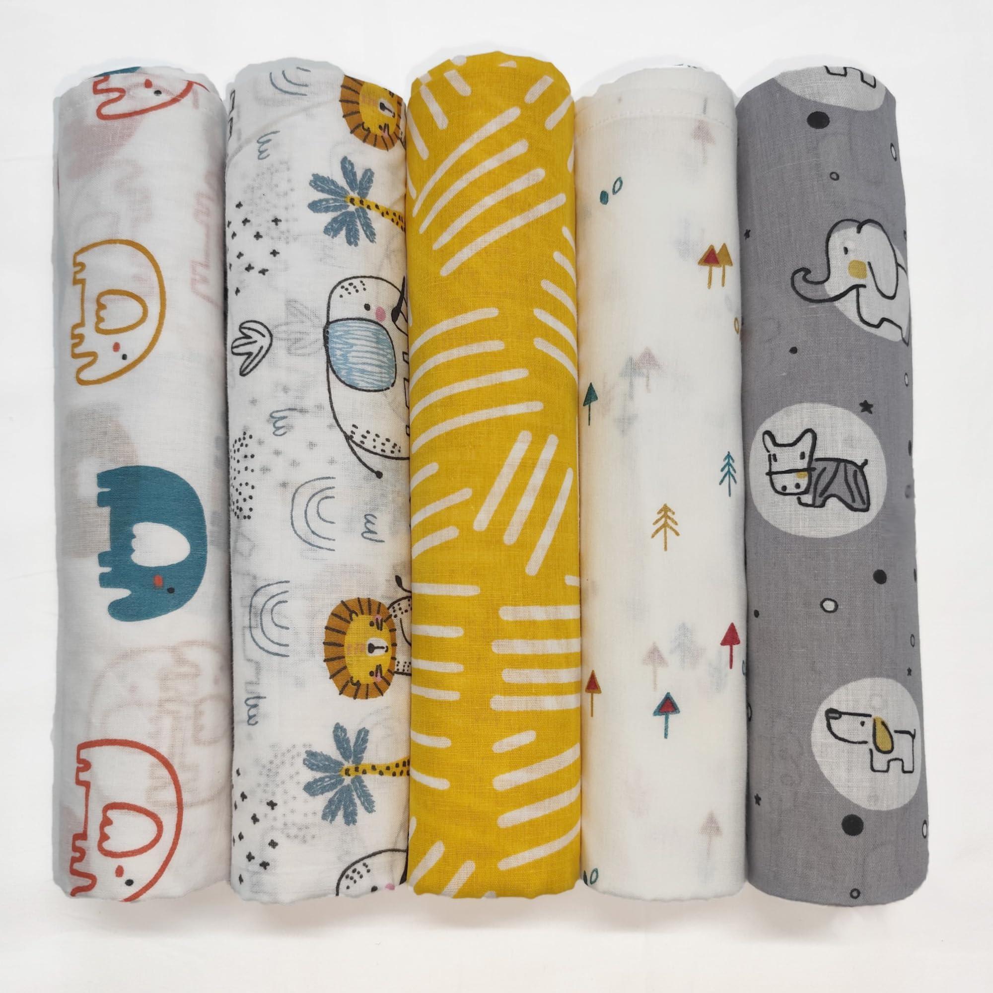 Trance Home Linen Super Ultra Soft 100% Cotton Malmal Baby Swaddle Cloth | Baby Wrap for New Born Babies | Skin Friendly Soft Baby Towel |New Born Swaddles-(100x100 Cm, Peeples & Pine,Pack of 5)