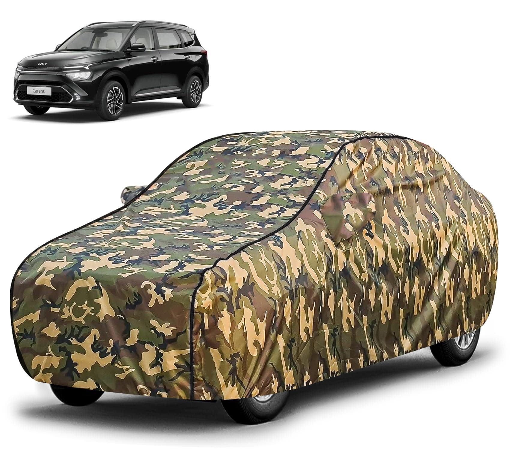 FABTEC Waterproof Car Body Cover for Kia Carens with Mirror Pocket, Triple Stitched (Military, Jungle Print, Camouflage Design)