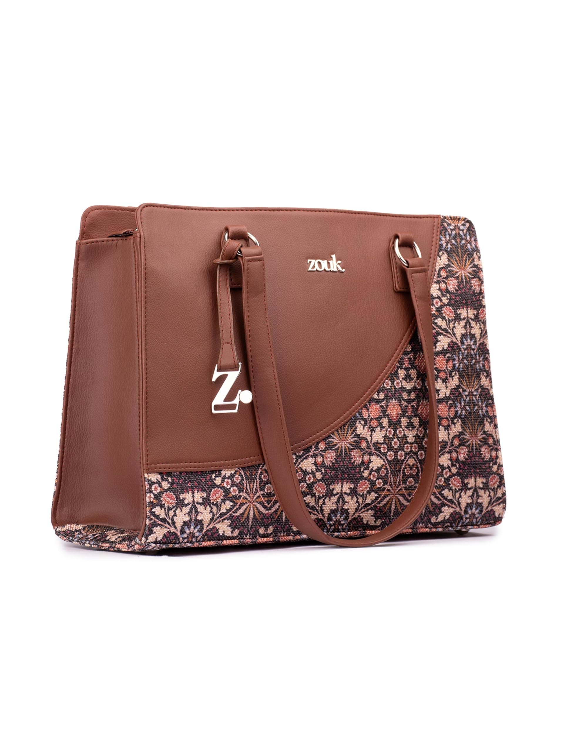ZOUK Office Essential Bag | Jute | Vegan Leather Handcrafted Tote Bag With Double Handle Shoulder Strap | Kashmir Blooms