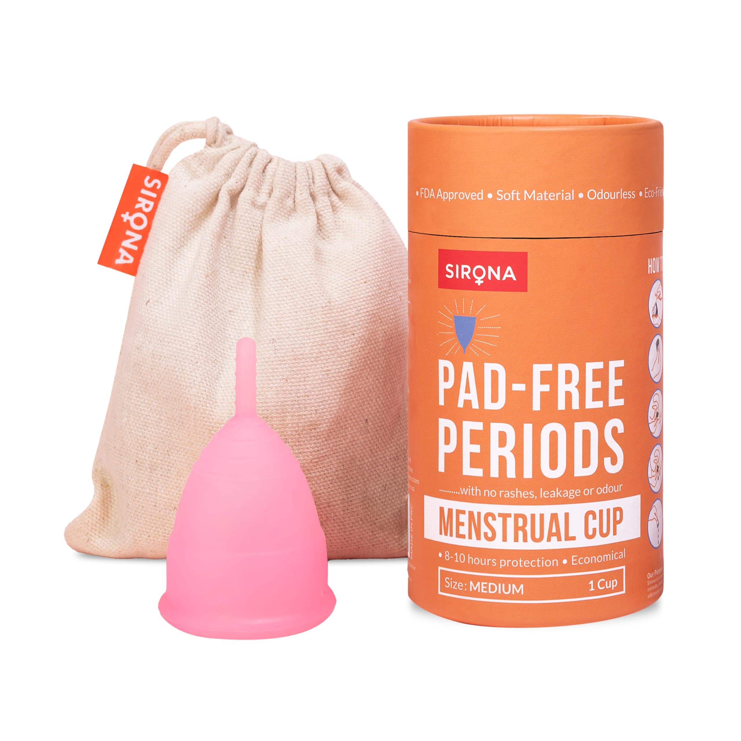 Sirona Reusable Menstrual Cup for Women - Medium with Pouch | FDA Approved | Made of Ultra Soft 100% Medical Grade Silicone | Odour, Rash & Itch-Free Period | Leak-Proof Protection for 8-10 Hours
