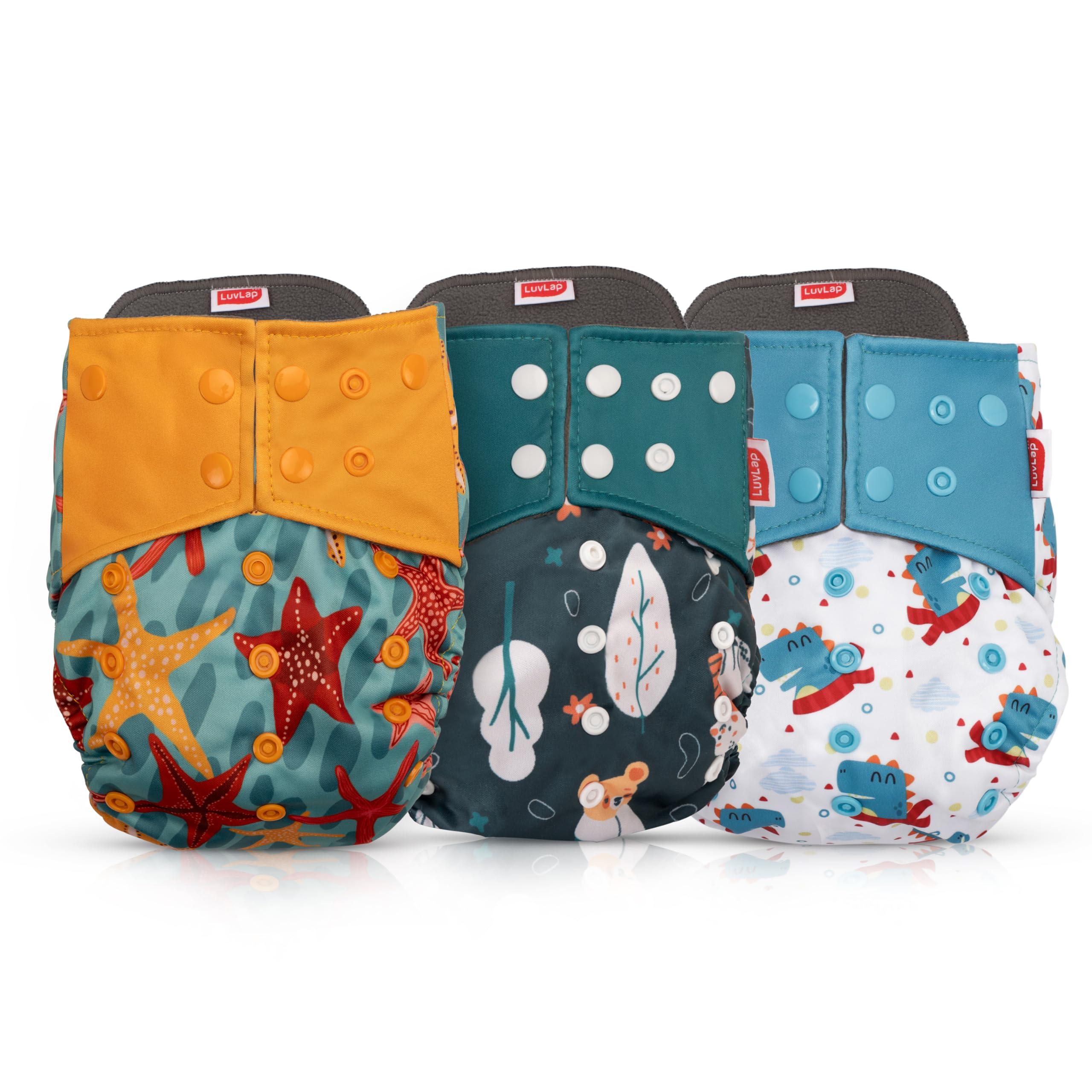 LuvLap Reusable Baby Cloth Diapers Combo Pack of 3 (3 Shell + 3 Pads) Double Leak Guard, High Absorption, Stain-Proof Comfort & Protection, 3m+, Rash Free, Adjustable Waist & Height with Snap Buttons