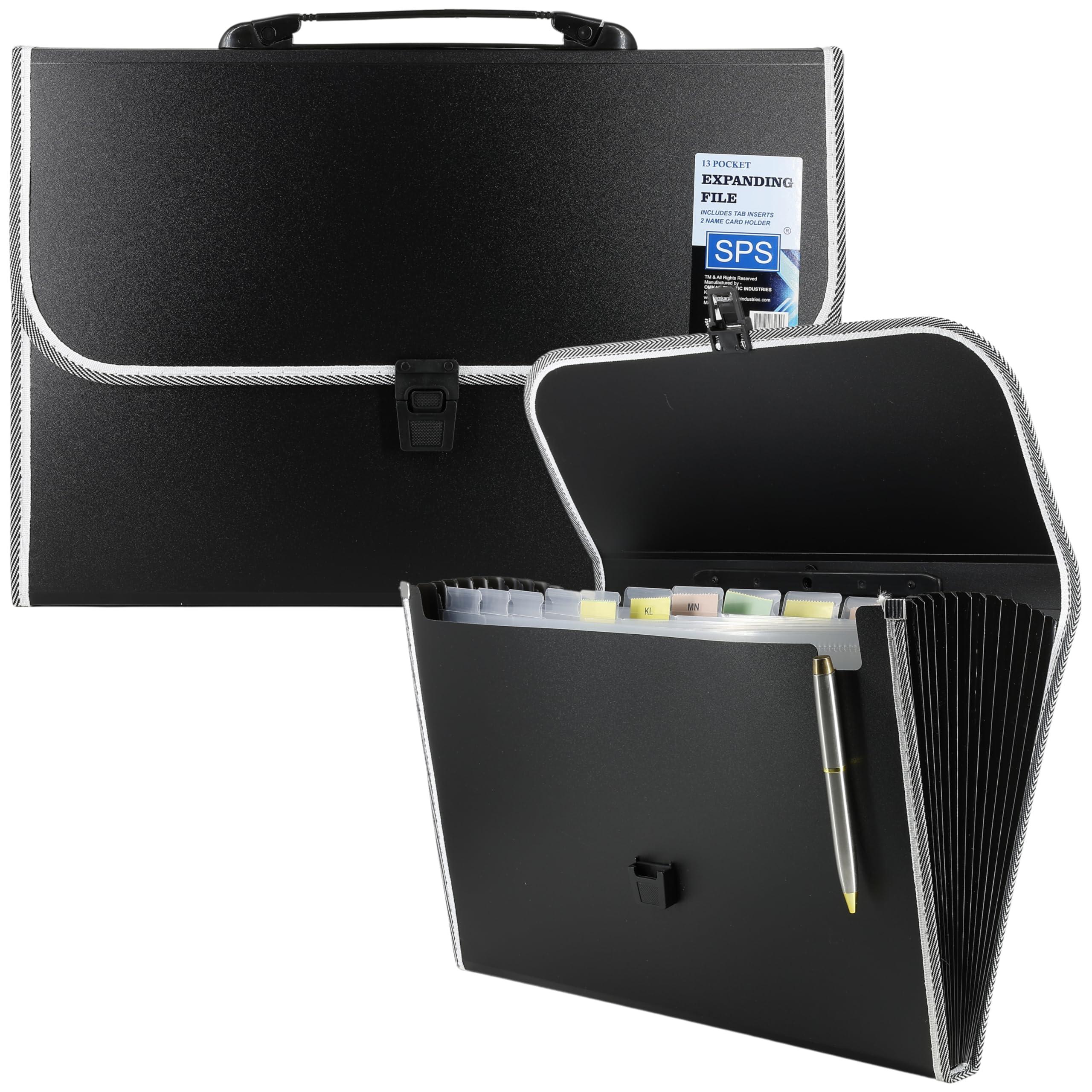 SPS 13 Pocket Expanding File Folder with Buckle Closure,Label Index and Handle for A4/Foolscap/Legal Documents (Black)