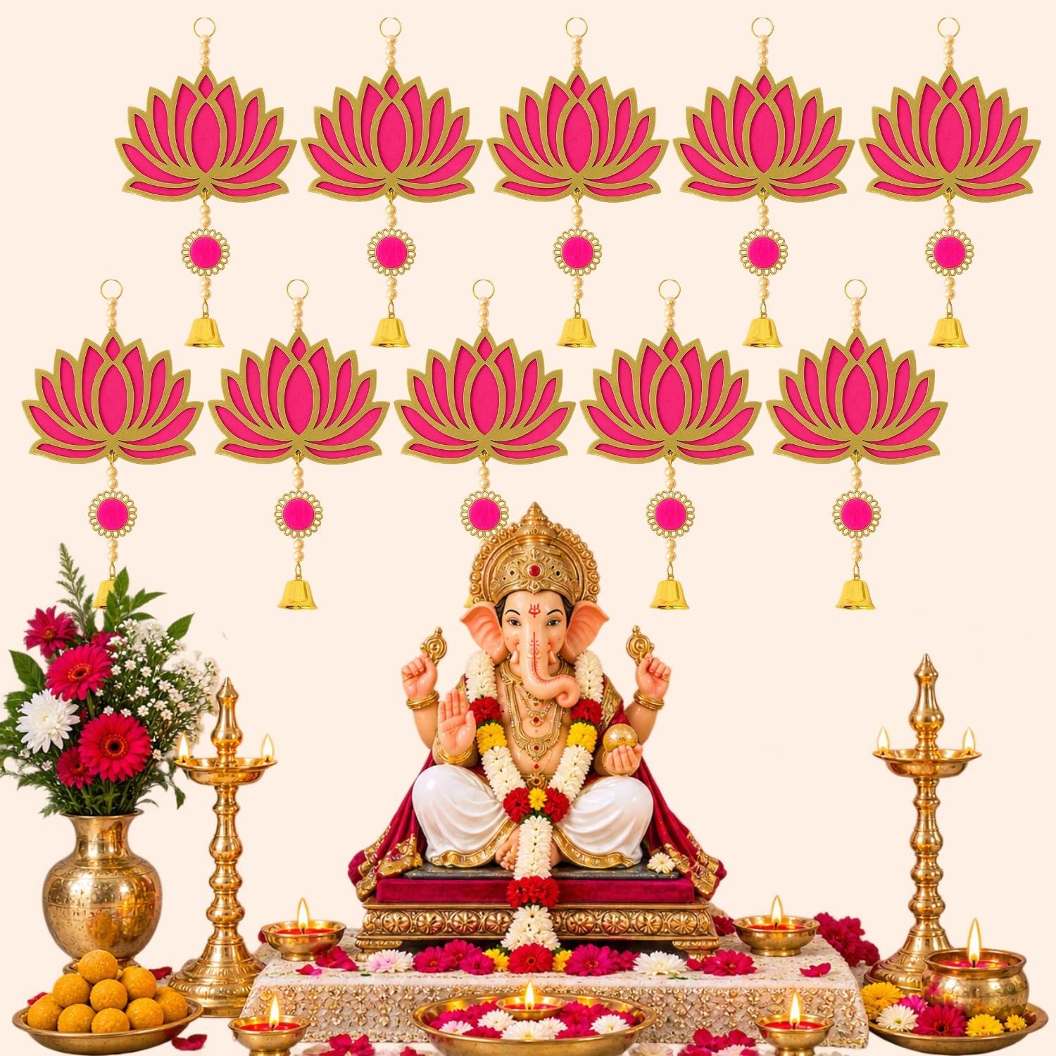 Panchhi Store Ganpati Decoration Items for Home, 10 Pcs Pink Lotus Hanging with Bell, Ganesh Festival Pooja Mandir Door Wall Decor, Diwali Janmashtami Navratri Decoration