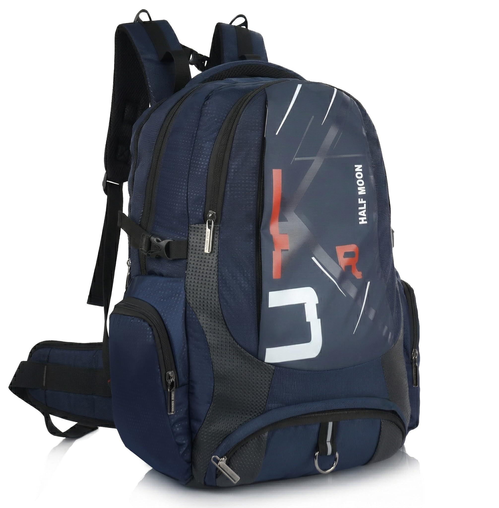 Half Moon Extra Large 60L Rucksack Travel Backpack Bag for Man Waterproof Trekking Bag for Men with Rain Cover & 17-Inch Laptop Luggage Bags for Mens Hiking & Tourist Bag for Men (Navy & Red)