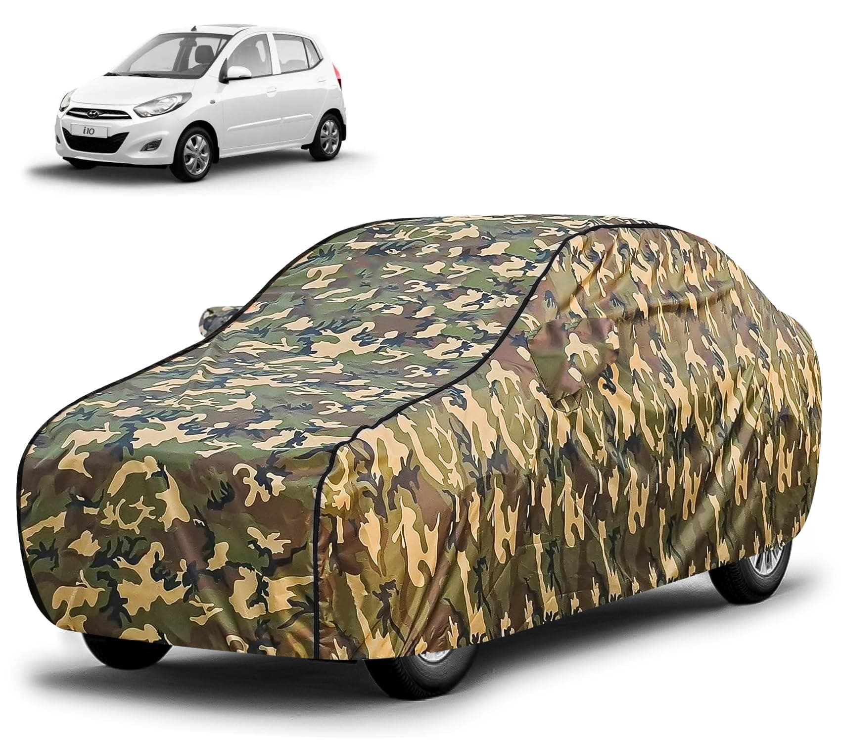FABTEC Waterproof Car Body Cover for Hyundai I10 Old with Mirror Pocket, Triple Stitched (Military, Jungle Print, Camouflage Design)