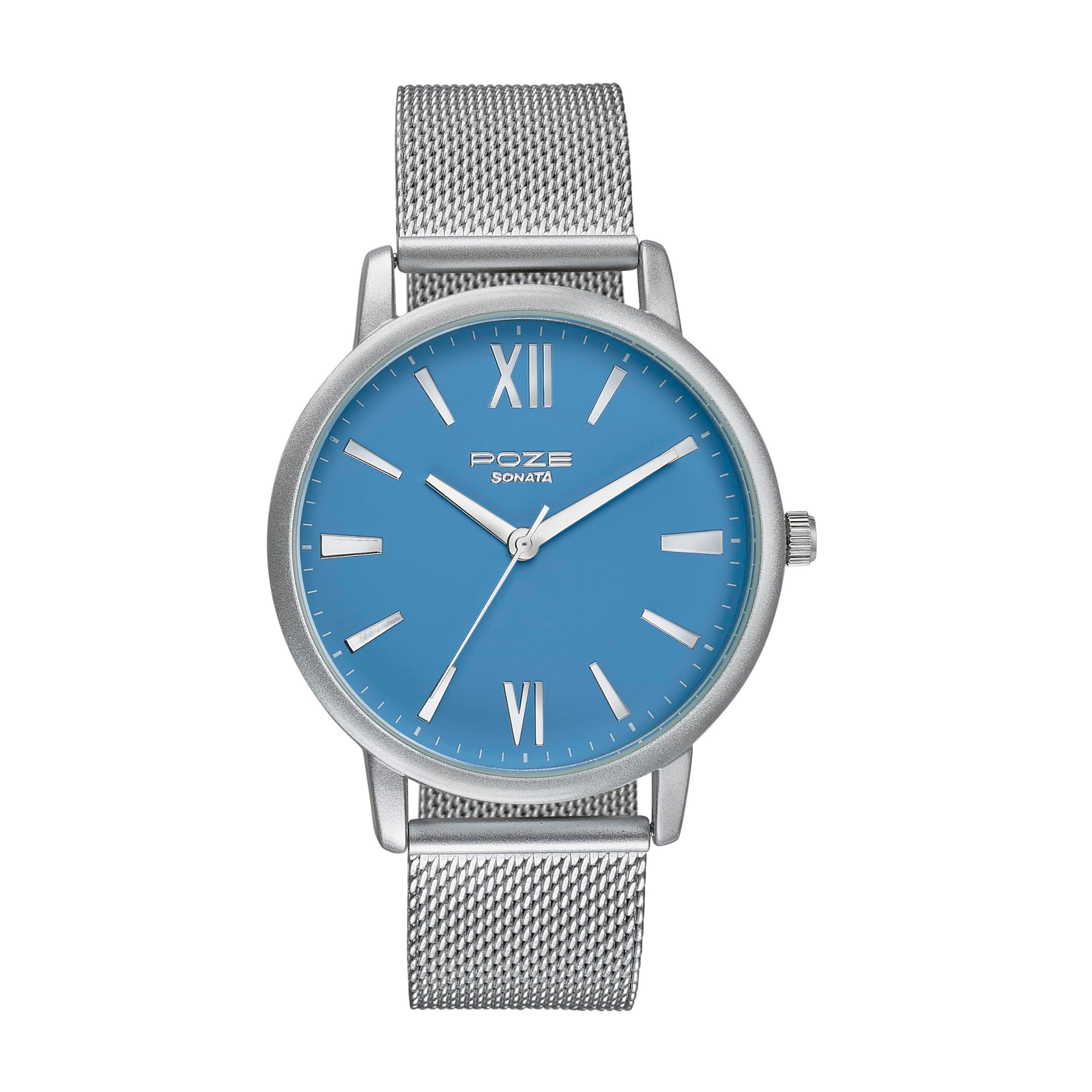 Sonata Poze Quartz Analog Blue Dial Mesh Strap Watch for Men-SP70039SM01W