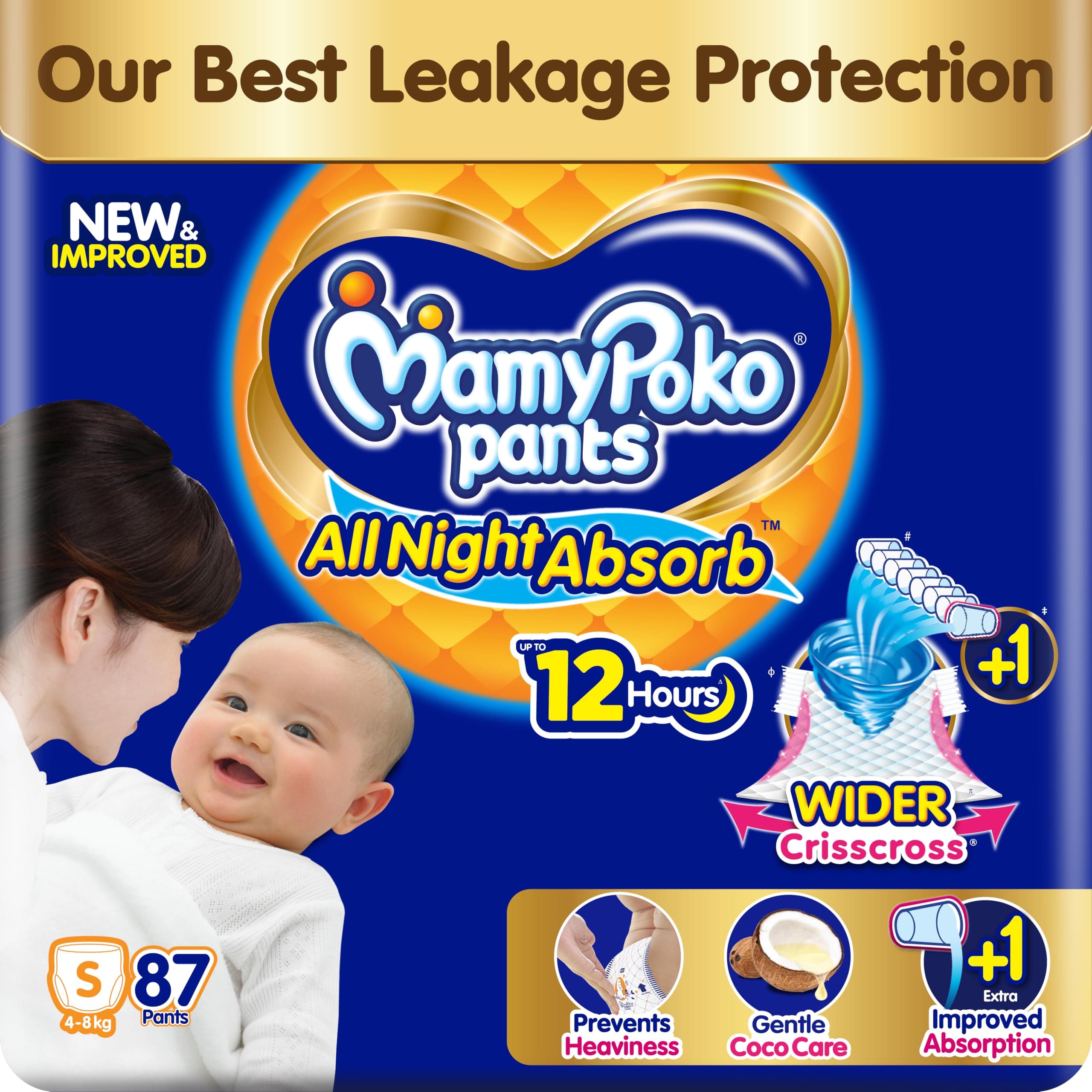 MamyPoko New Pants All Night Absorb|Pant Style Baby Diapers Small Size(S), 87 Count, Ideal for 4-8Kgs|1 Diaper= Upto All Night Absorption now with increased power of +1glass|Wider Crisscross Sheet