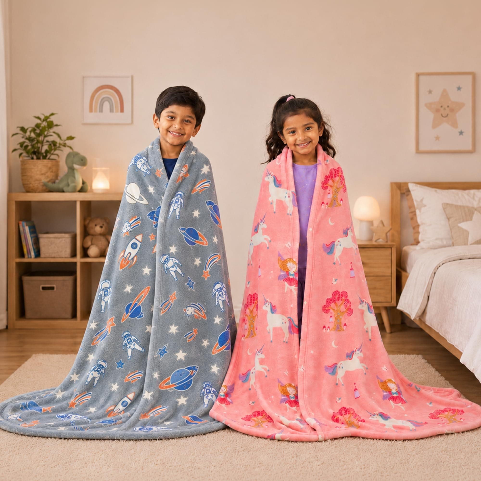 Famyo Glow in the Dark Blanket Combo for Kids, Rocket & Unicorn