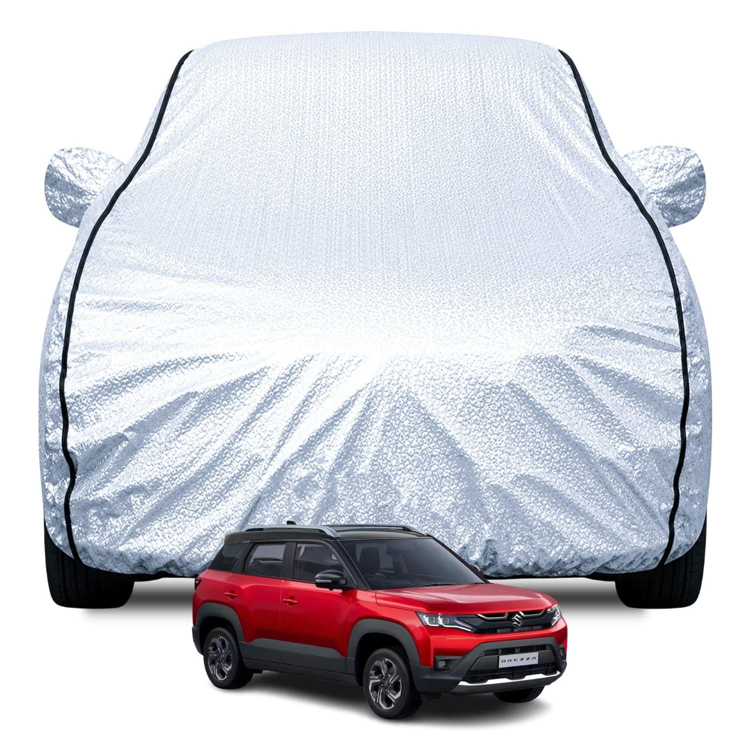 FABTEC Waterproof Car Body Cover for Maruti Brezza (2016-2021) with Mirror Pocket, Soft Cotton Lining, Triple Stitched (Heat Resistant Metallic Silver with Black Piping)