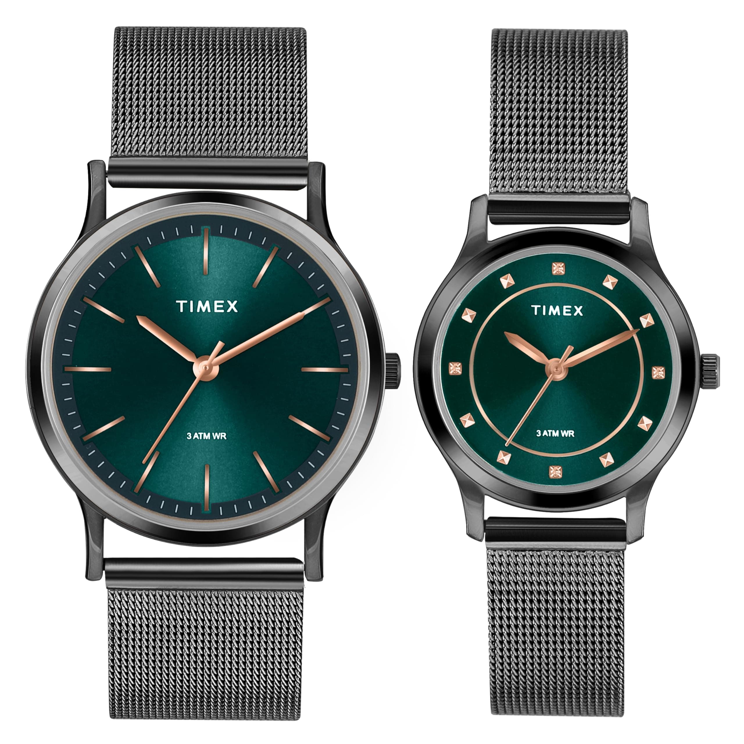 TIMEX Analog Watch for Couple with Green Round Dial & Gunmetal Stainless Steel Bracelet Band Water Resistant Pair's Wrist Watches - TW00ZP003