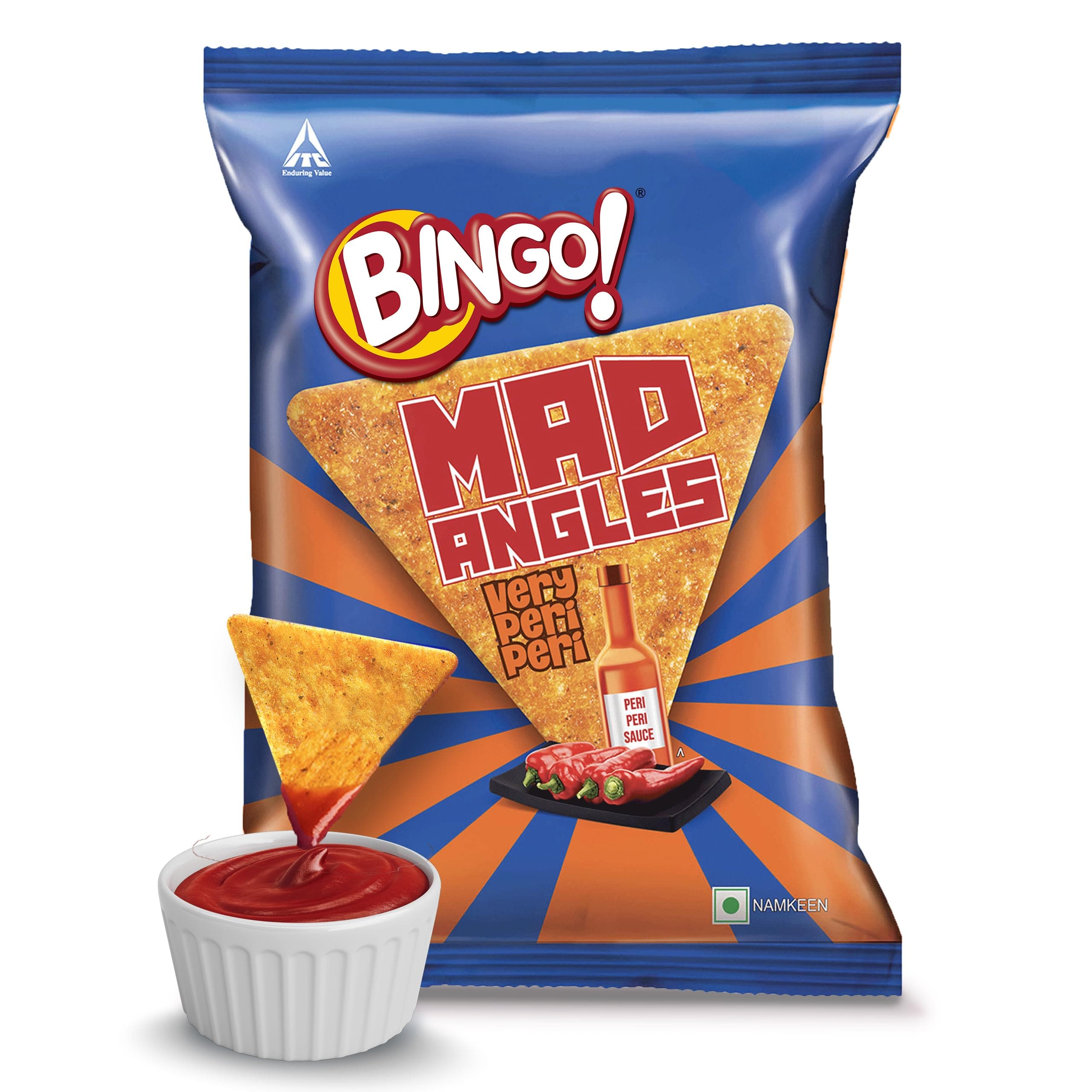 Bingo! Mad Angles Very Peri Peri - Spicy & Crunchy Corn-Based Triangle Chips Pack for Snacks 117/130gram (Weight may vary)