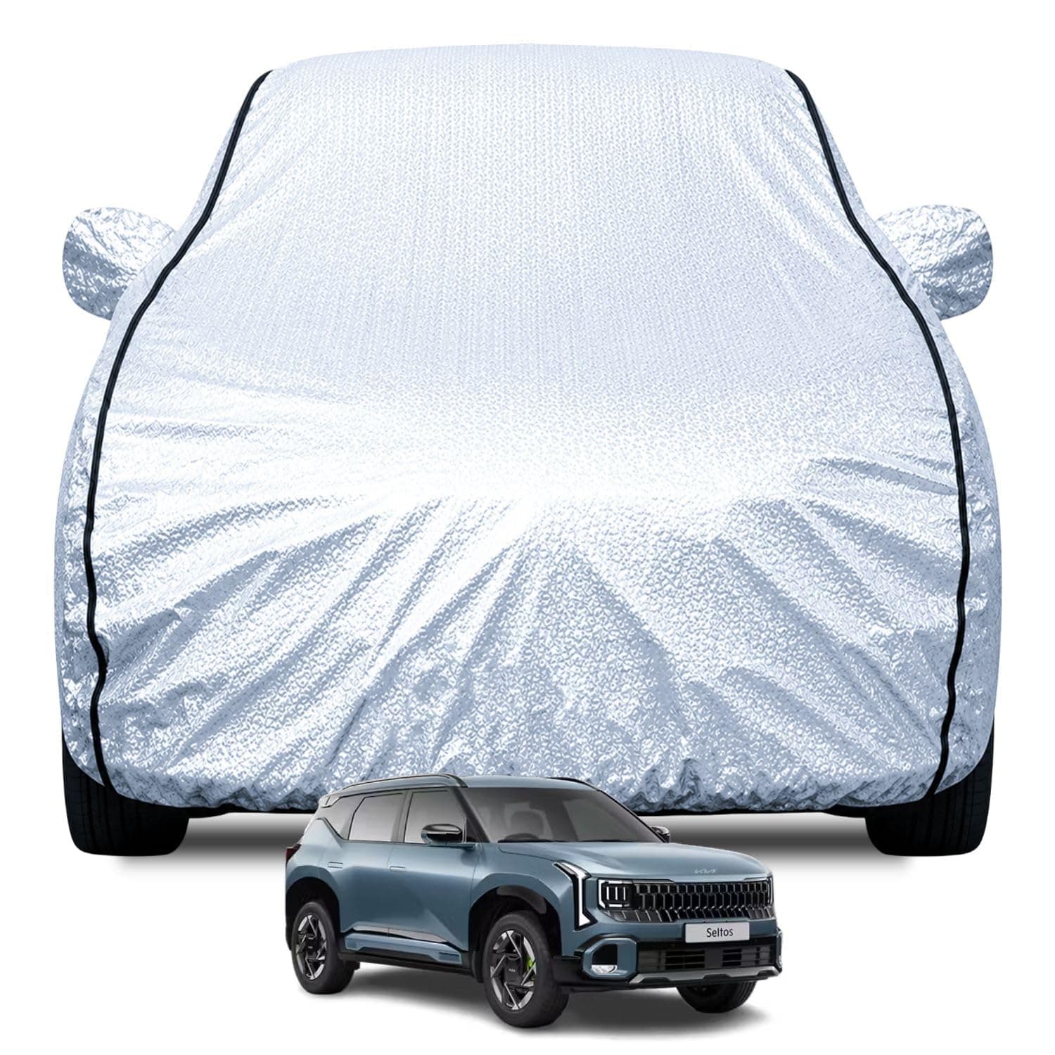FABTEC Waterproof Car Body Cover for Kia Seltos with Mirror Pocket, Soft Cotton Lining, Triple Stitched (Heat Resistant Metallic Silver with Black Piping)