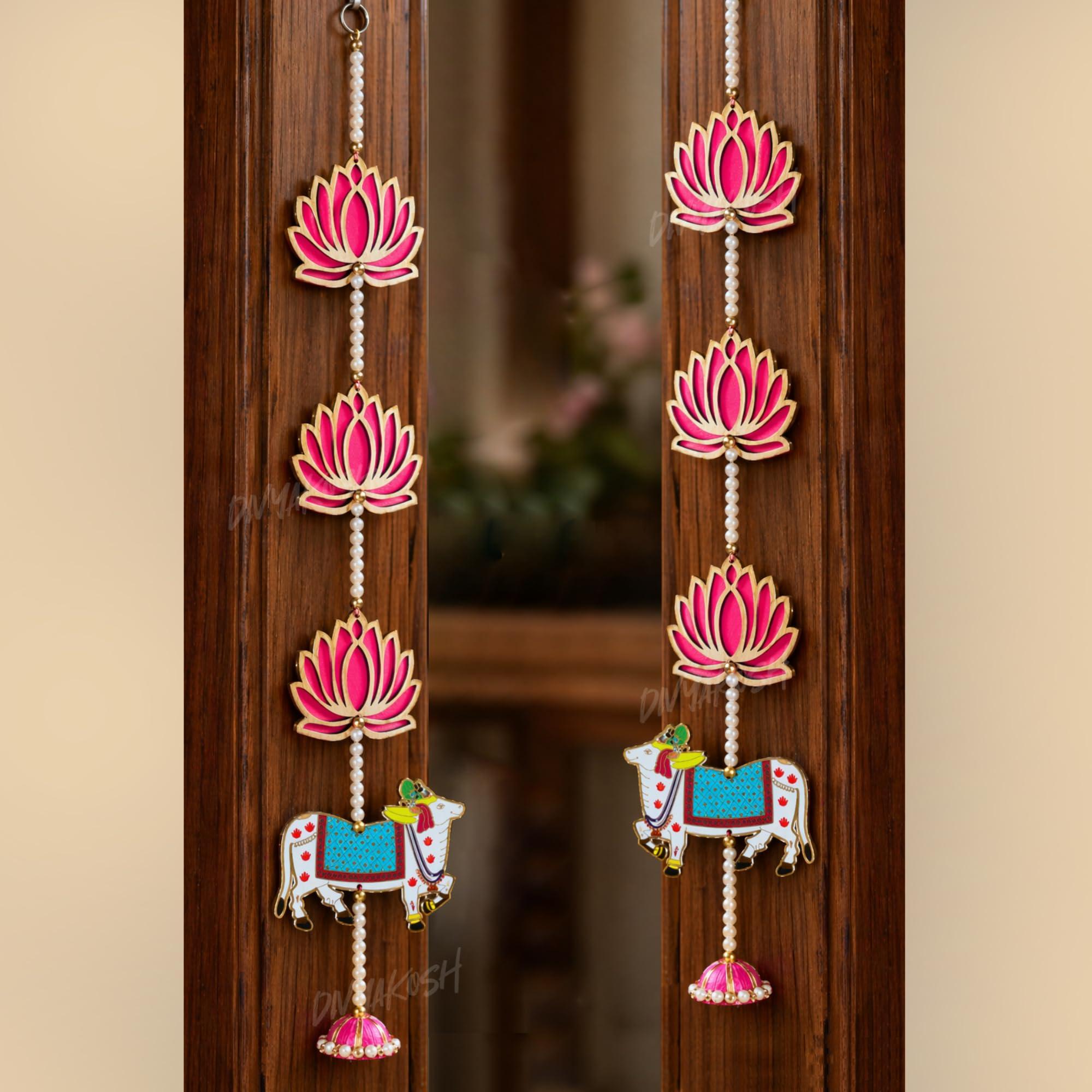 Divyakosh Wooden Door Hanging Toran Set of 2, MDF Lotus Cow Bandhanwar for Main Door Entrance, Mandir & Pooja Room Decor, Ganpati Diwali Navratri Festival Hanging, 25 Inch