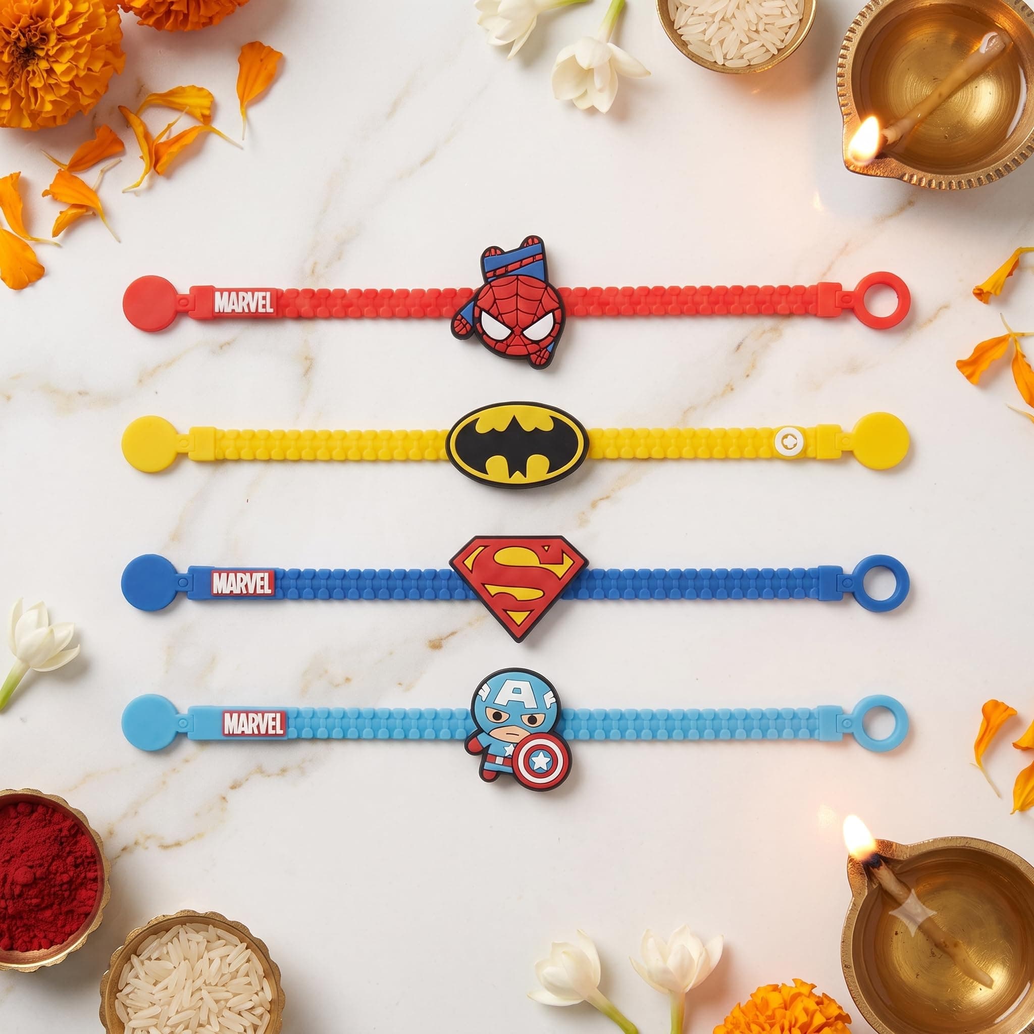 Ultimate Superheroes Slap Band Rakhi and Friendship Band Set | Pack of 4 | Spider-Man Batman Captain America Superman | Rakhi for Boys, Bhaiya, Bhai | Raksha Bandhan Gift