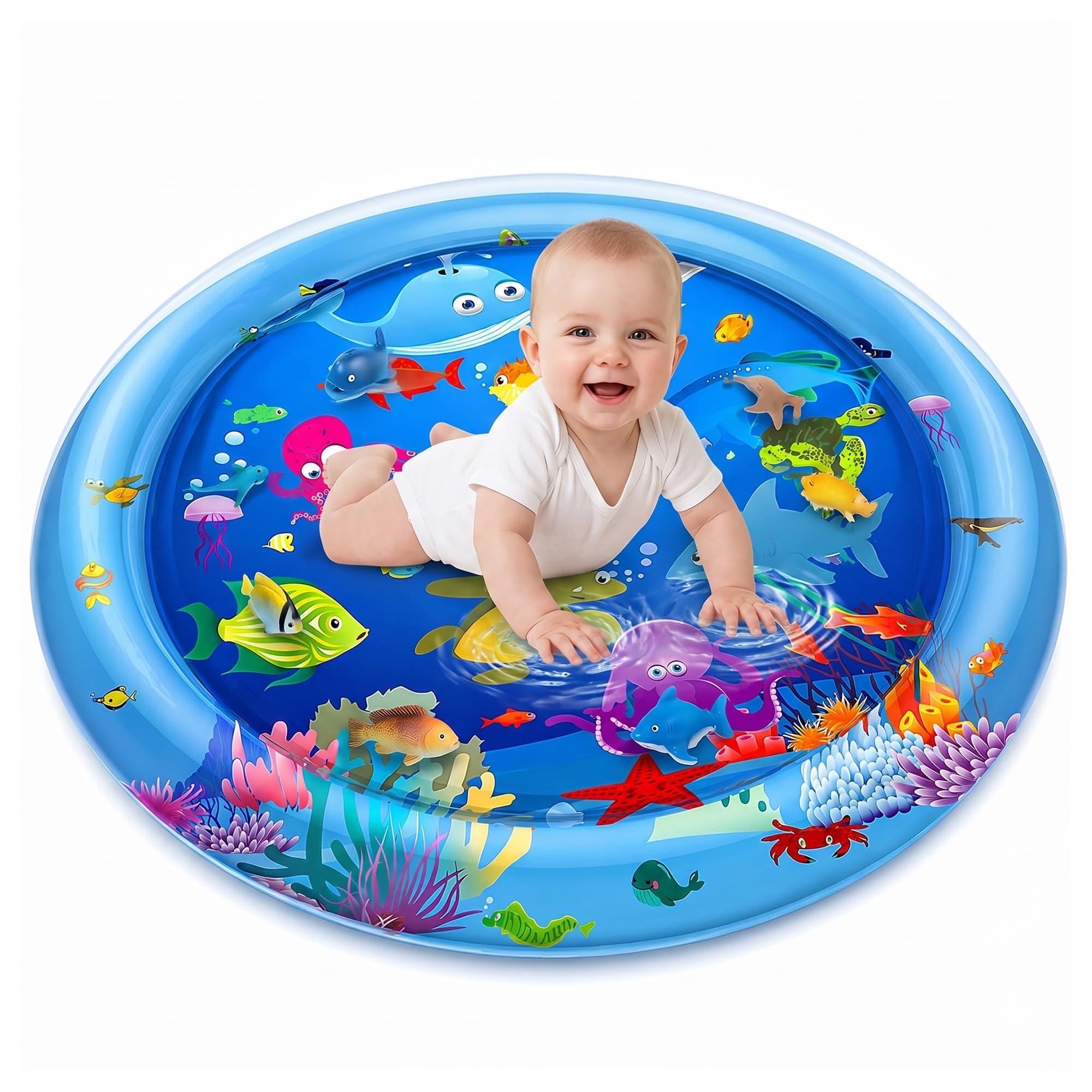 BRAND VILLA Baby Water Play Mat for Tummy Time, Inflatable Leak Proof Sensory Activity Playmat with Colorful Sea Animals, BPA Free Early Development Toy for Infants & Toddlers 3-24 Months, Baby Gift