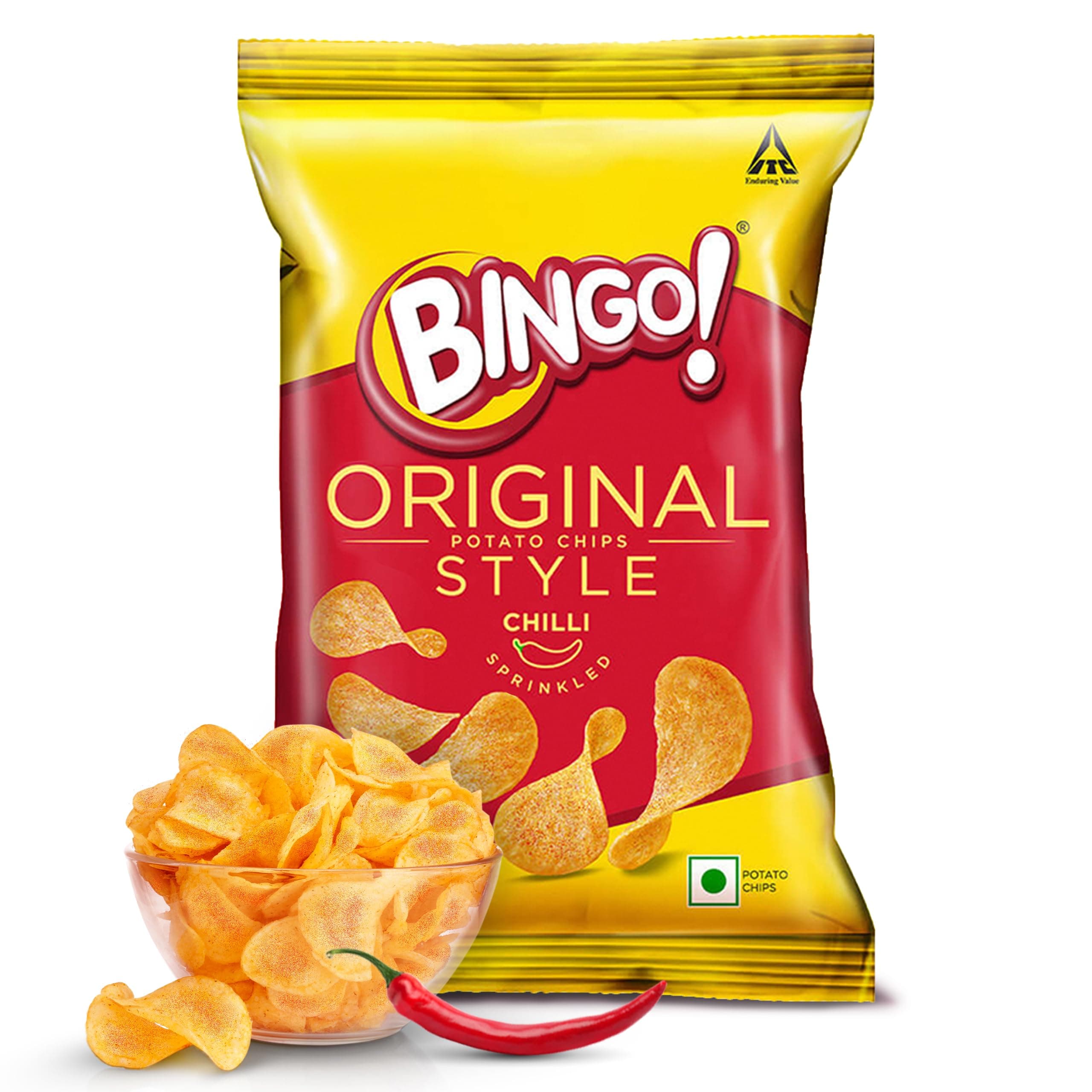 Bingo! Original Style Chilli Sprinkled - Flat Cut Spicy Potato Chips Pack for Snacks, 90g/85gram/90.7G(Weight may vary)