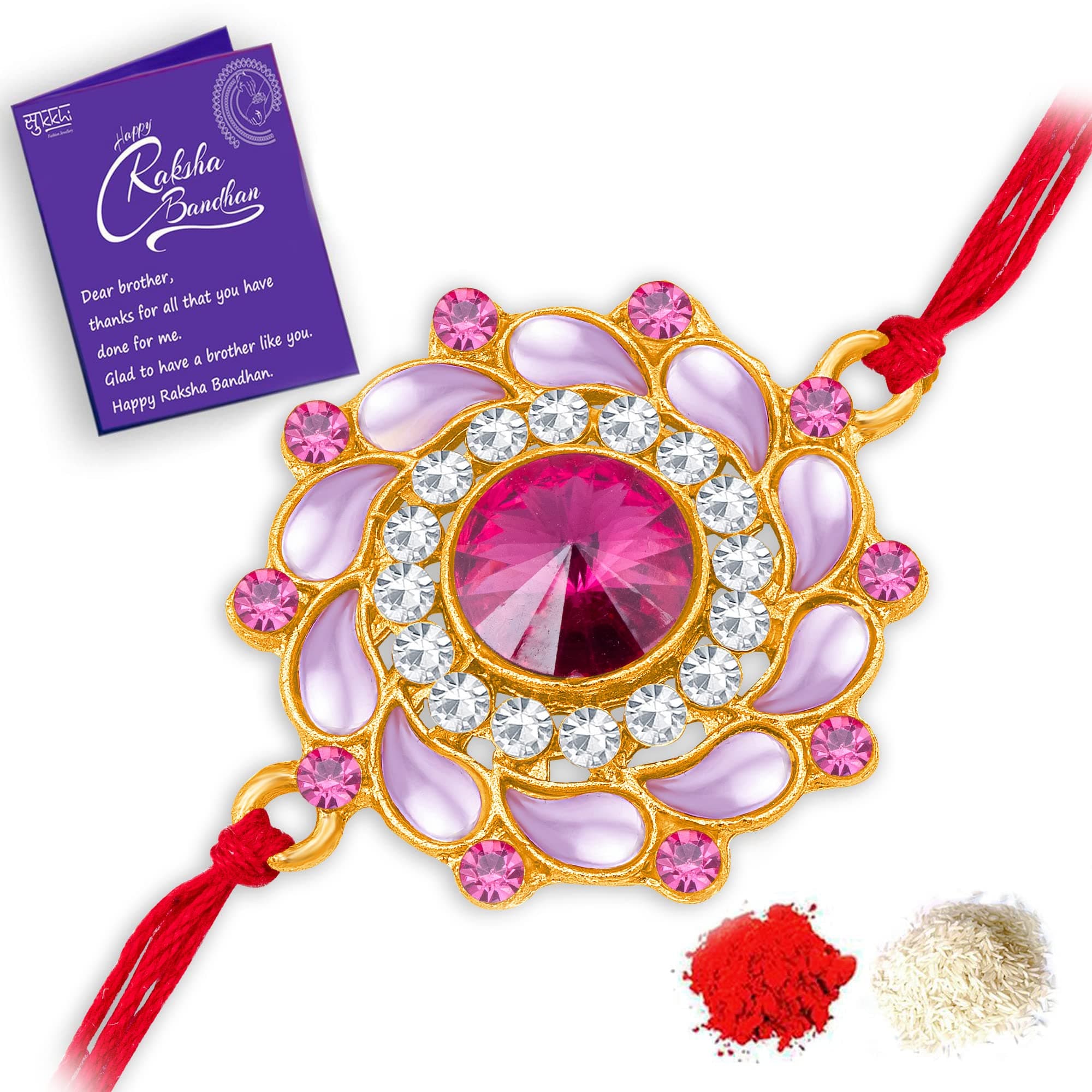 Sukkhi Mens Rakhi for Brother Lovely Kundan Designer Gold Plated with Roli Chawal & Greeting Card|RAK104494