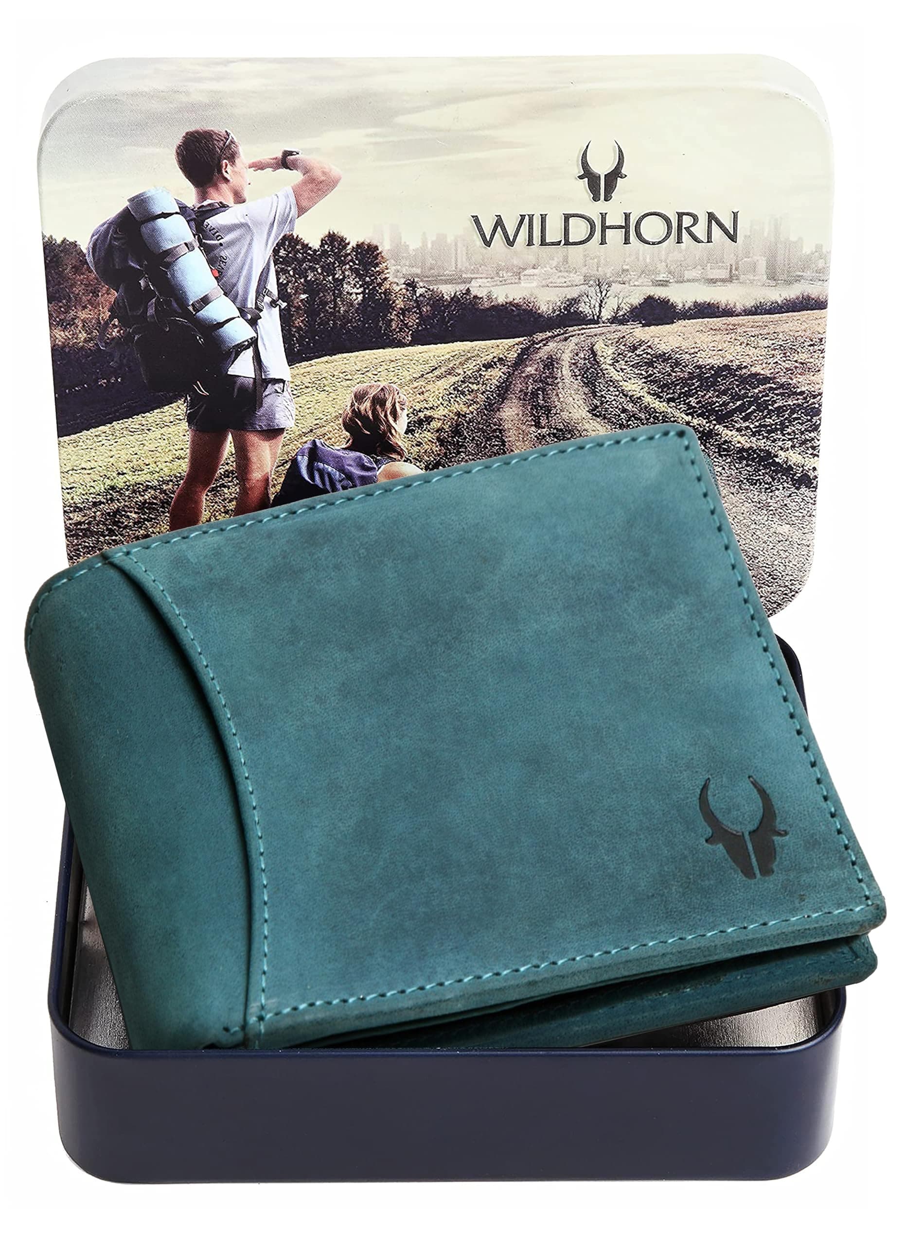 WildHorn Blue Leather Wallet for Men I 9 Card Slots I 2 Currency & Secret Compartments I 1 Zipper & 3 ID Card Slots