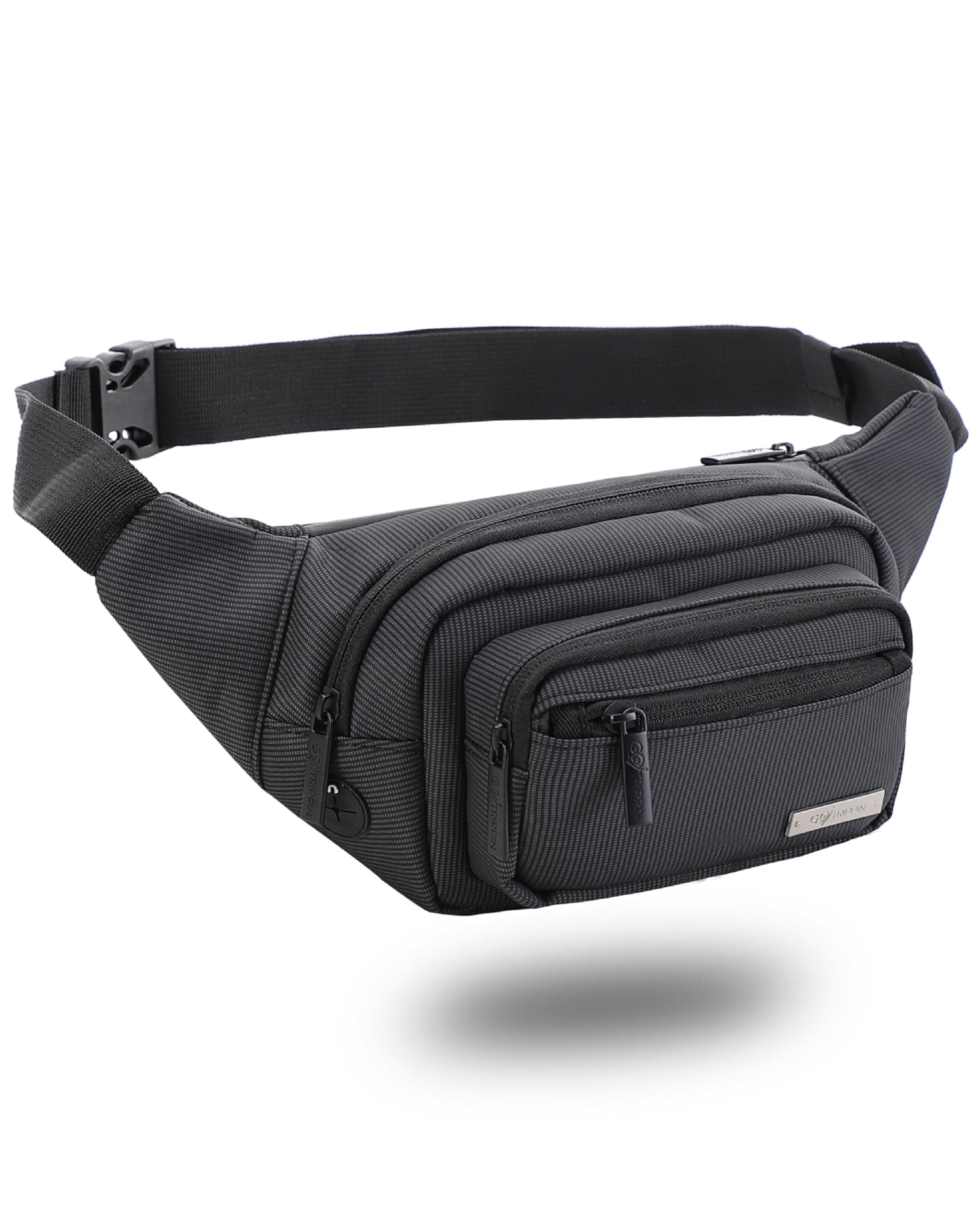 GoTrippin by Destinio Waist Bags for Men Women - Premium Stitching, Branded Zippers, Waterproof Pocket, RFID Safe - Large Fanny Pack for Hiking Travel, Money Belt, Black