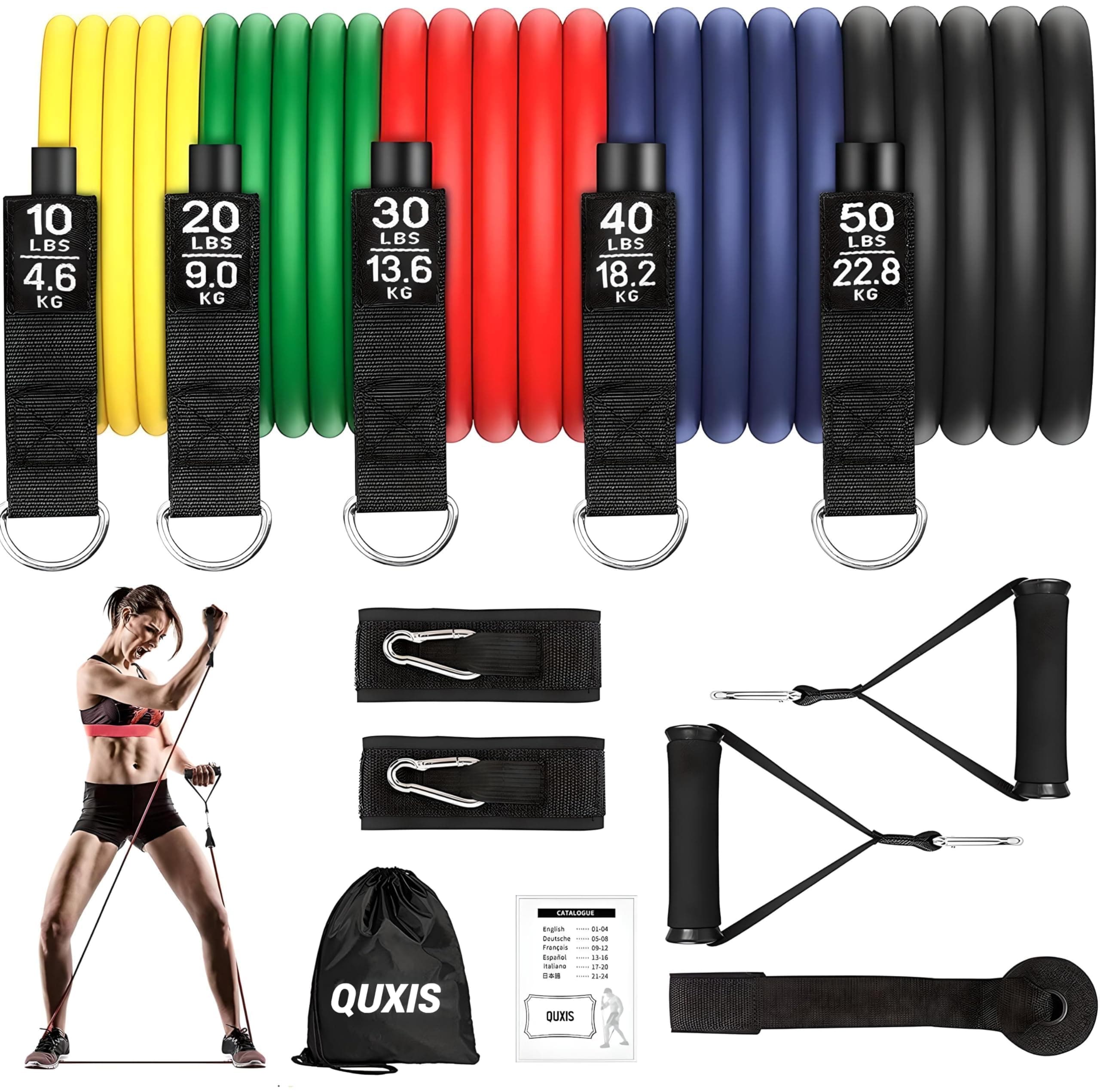QUXIS Resistance Tube for Men and Women [Upto 45Kg] | Resistance Band Set & Exercise Bands | Resistance Band for Pull Up | (11 Pieces Tube Set) Gym Equipment for Home Workout | Natural Rubber