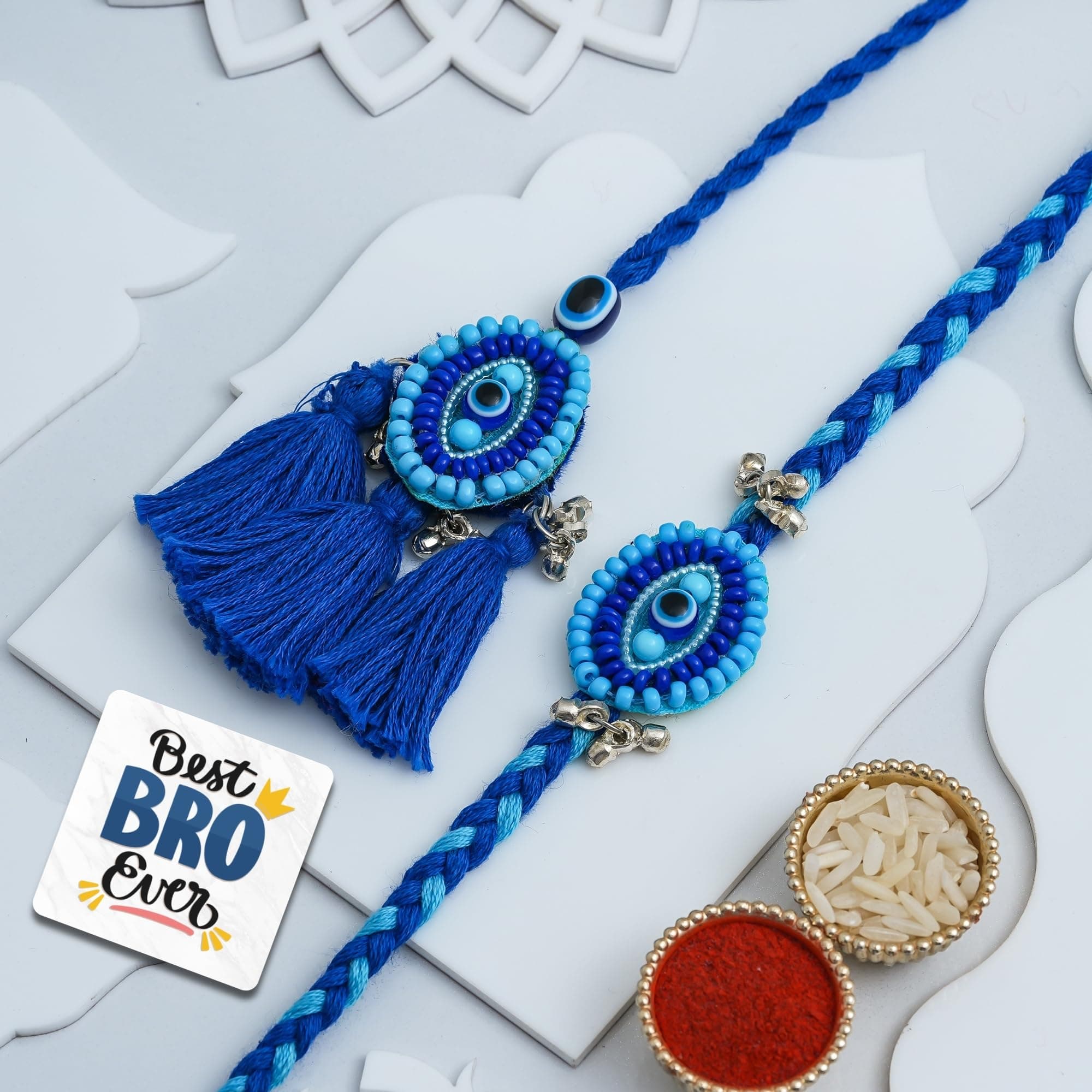 eCraftIndia Blue Evil Eye Thread Rakhi for Brother with Best Bro Ever Fridge Magnet | Set of 2 Rakhi for Brother and Bhabhi | Designer Bhaiya Bhabhi Rakhis | Roli Chawal Pack