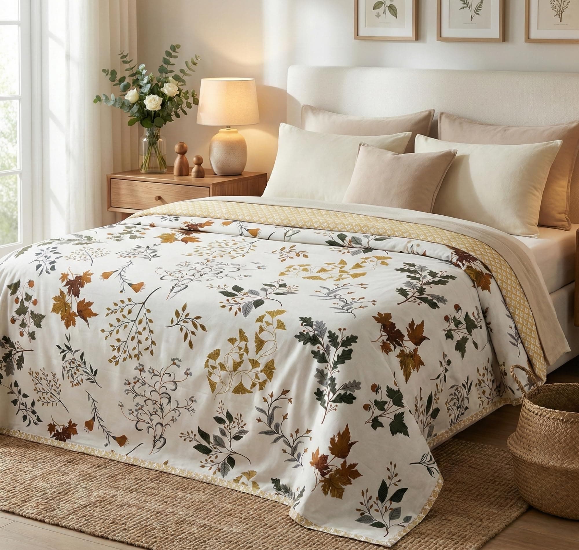 VAS COLLECTIONS Cotton AC Blanket for Single Bed (152 x 225 cm) | Reversible Soft Lightweight All-Season Blanket | Skin-Friendly & Breathable Comforter (Golden Leaf Garden)