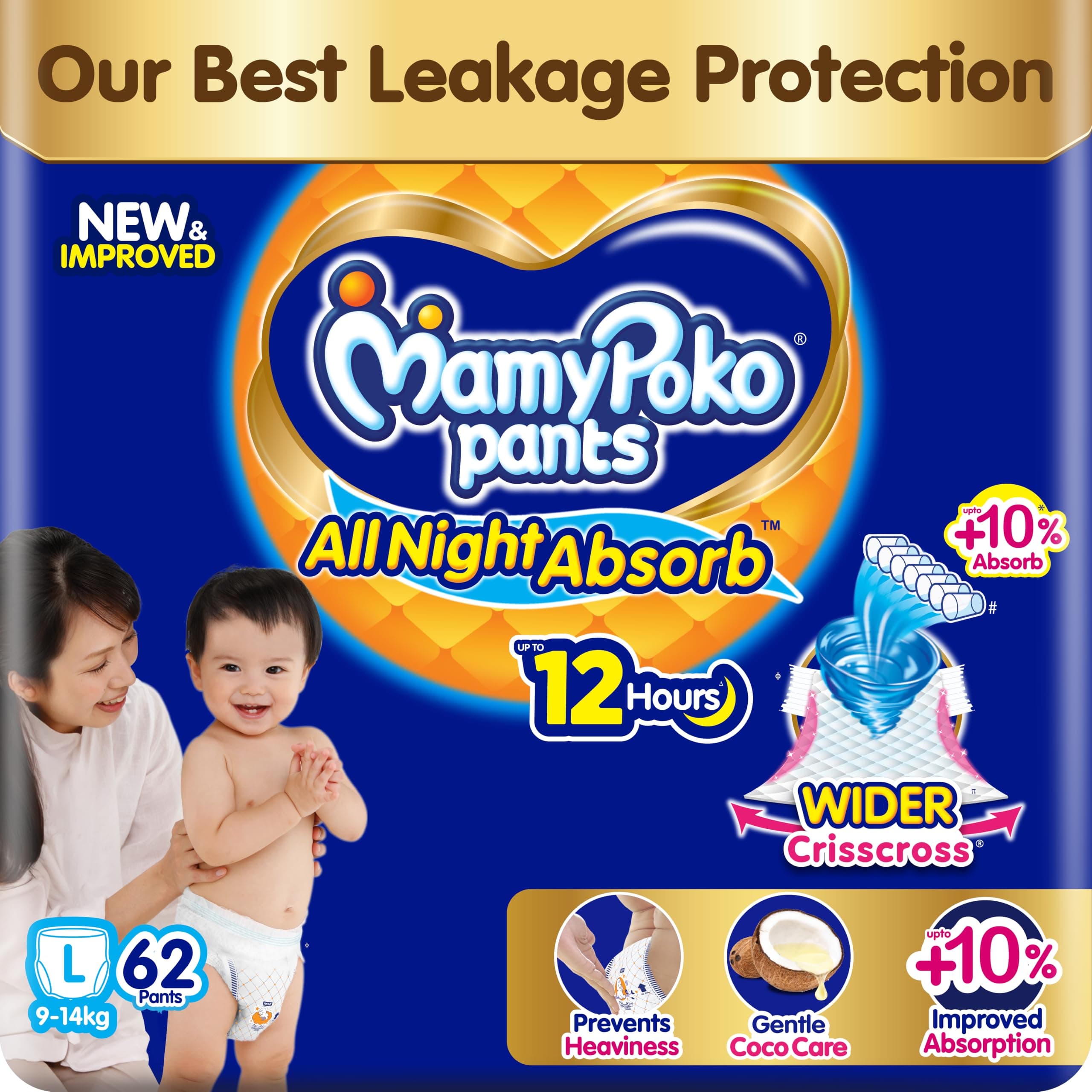 New Mamypoko Pants Premium All Night Absorb| Pant Style Baby Diapers Large Size(L), 62 Count, Ideal for 9-14Kgs|1 Diaper= Upto All Night Absorption now with 10% increased power|Wider Crisscross Sheet|Gentle Coco Care| 12hr Leakage Protection| Prevents Heaviness.